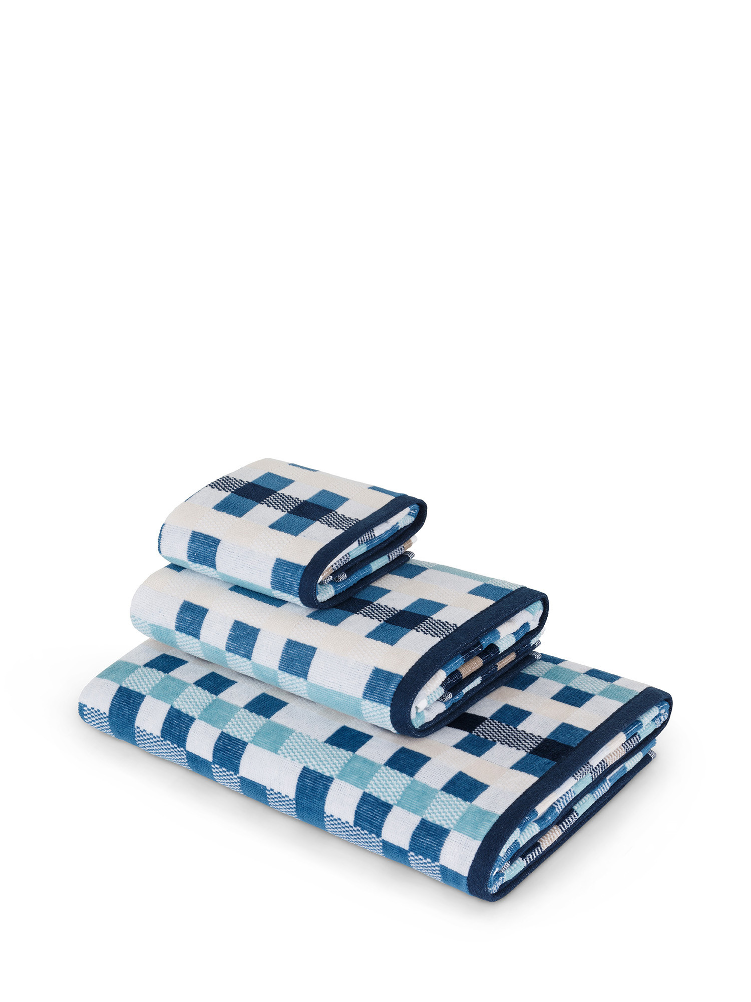 Asciugamano in velour di puro cotone tinto in filo con fantasia a quadri effetto mosaico, Blu, large image number 0