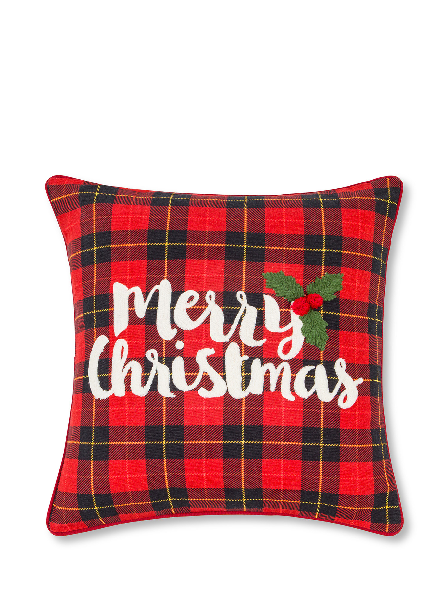 Embroidered tartan fabric cushion 45x45cm, Red, large image number 0
