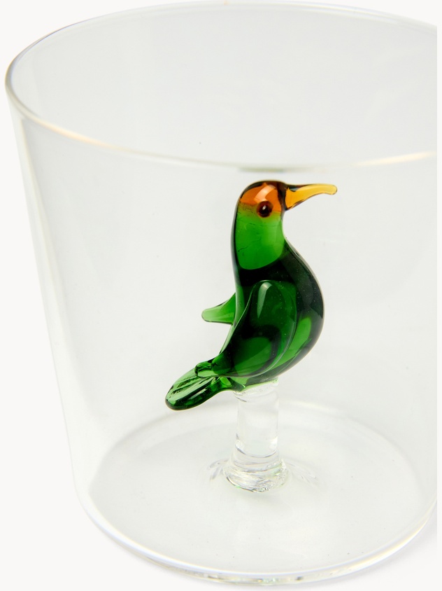 Bicchiere in vetro borosilicato dettaglio uccellino