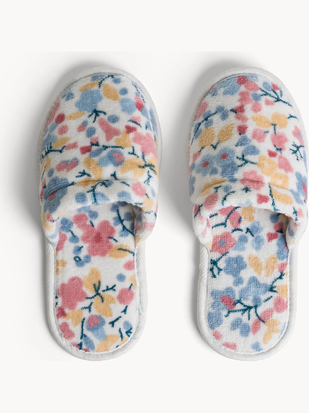 Cotton velour slippers with floral pattern