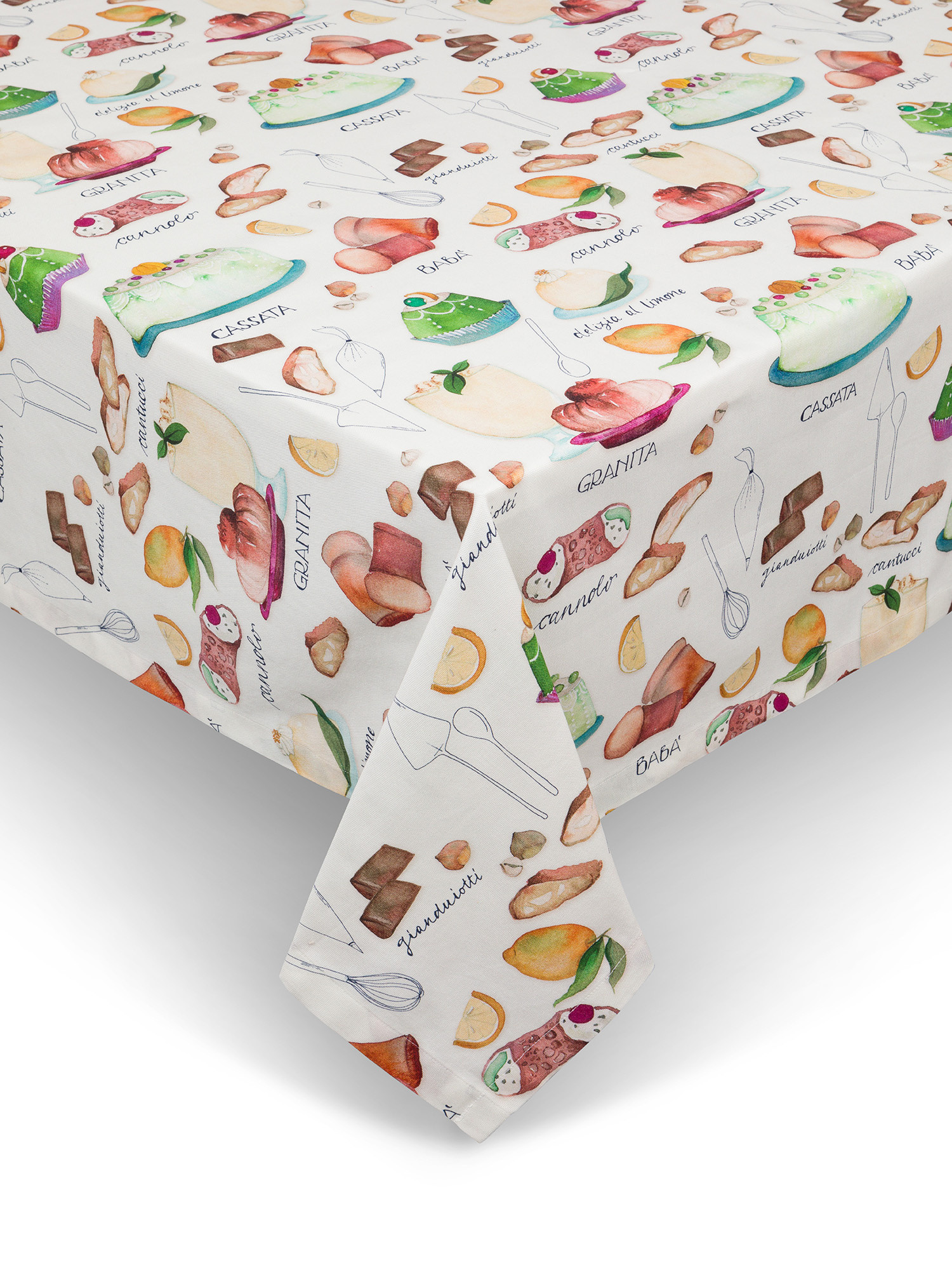 Panama cotton tablecloth with dessert print, Multicolor, large image number 0