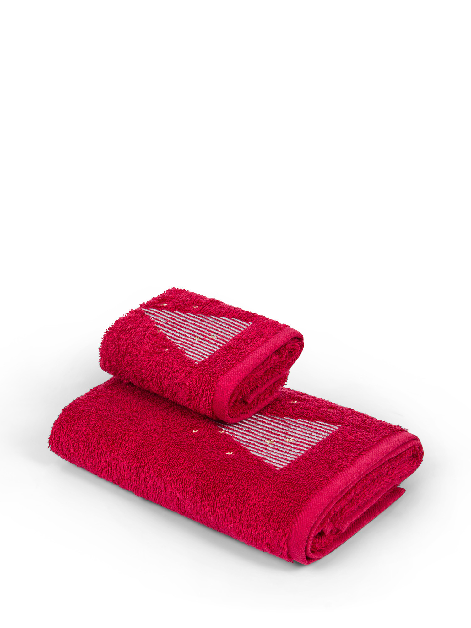 Set 2 asciugamani cotone ricamo alberi di Natale, Rosso, large image number 0