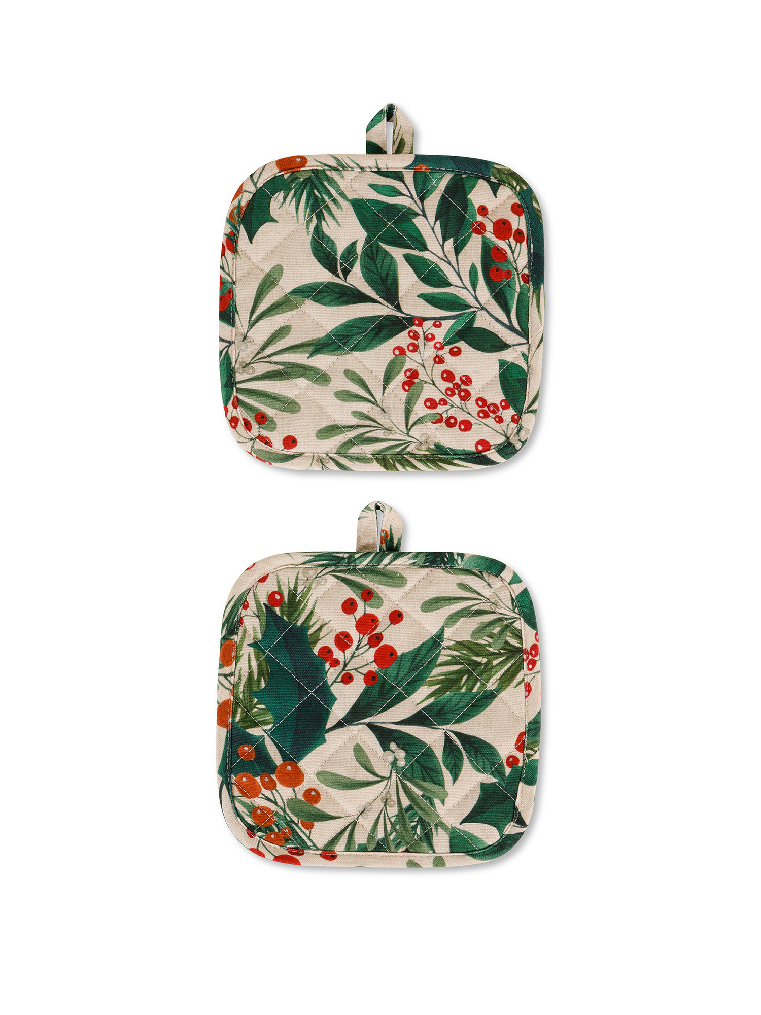 Set of 2 panama pot holders in cotton with berries print, Beige, large image number 0
