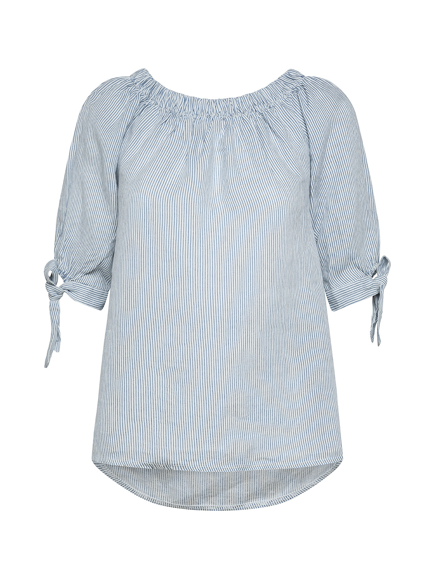 Blusa puro lino scollo arricciato con fiocco, Denim, large image number 0