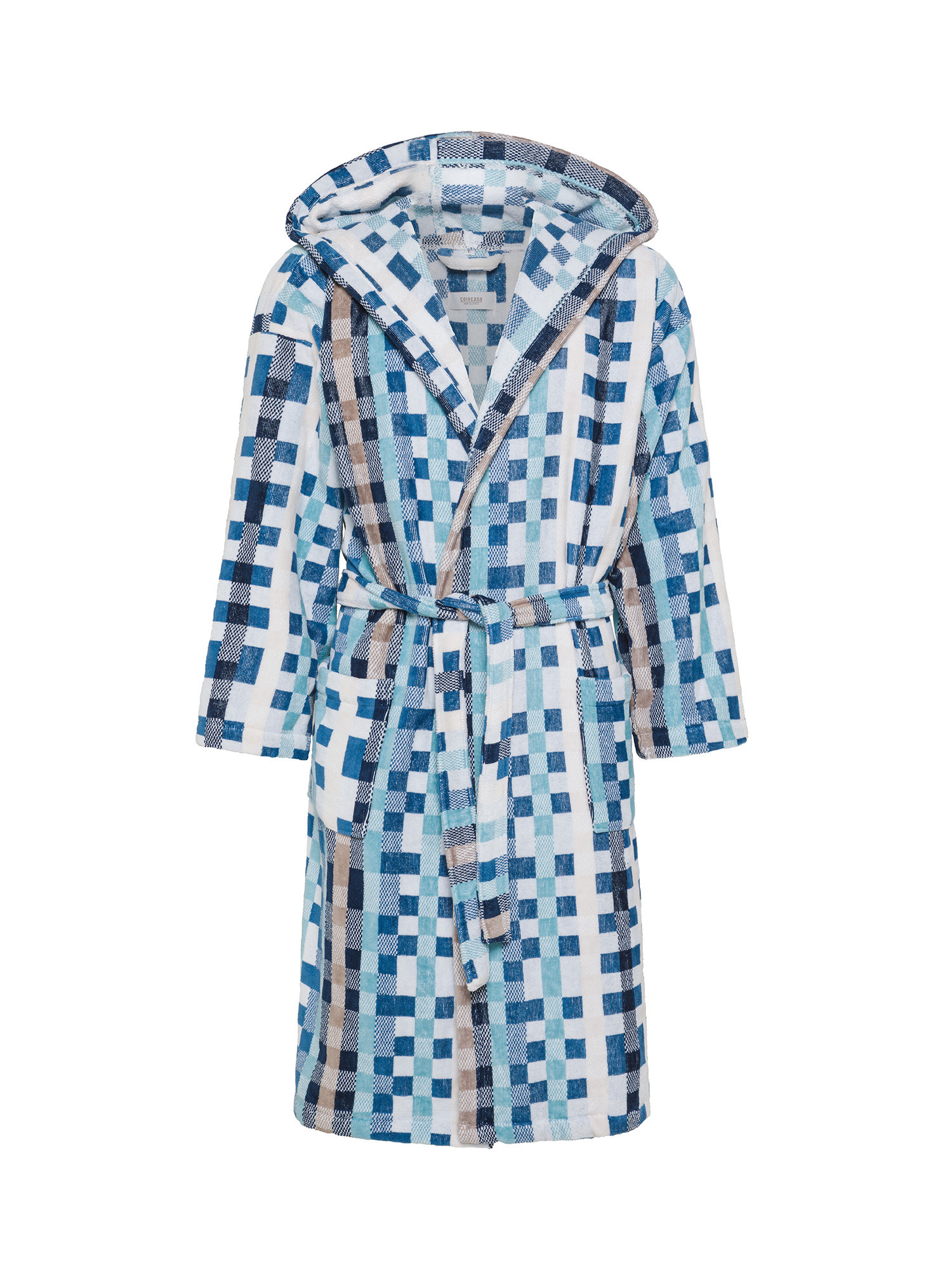 Yarn-dyed pure cotton velour bathrobe with mosaic effect check pattern, Blue, large image number 0