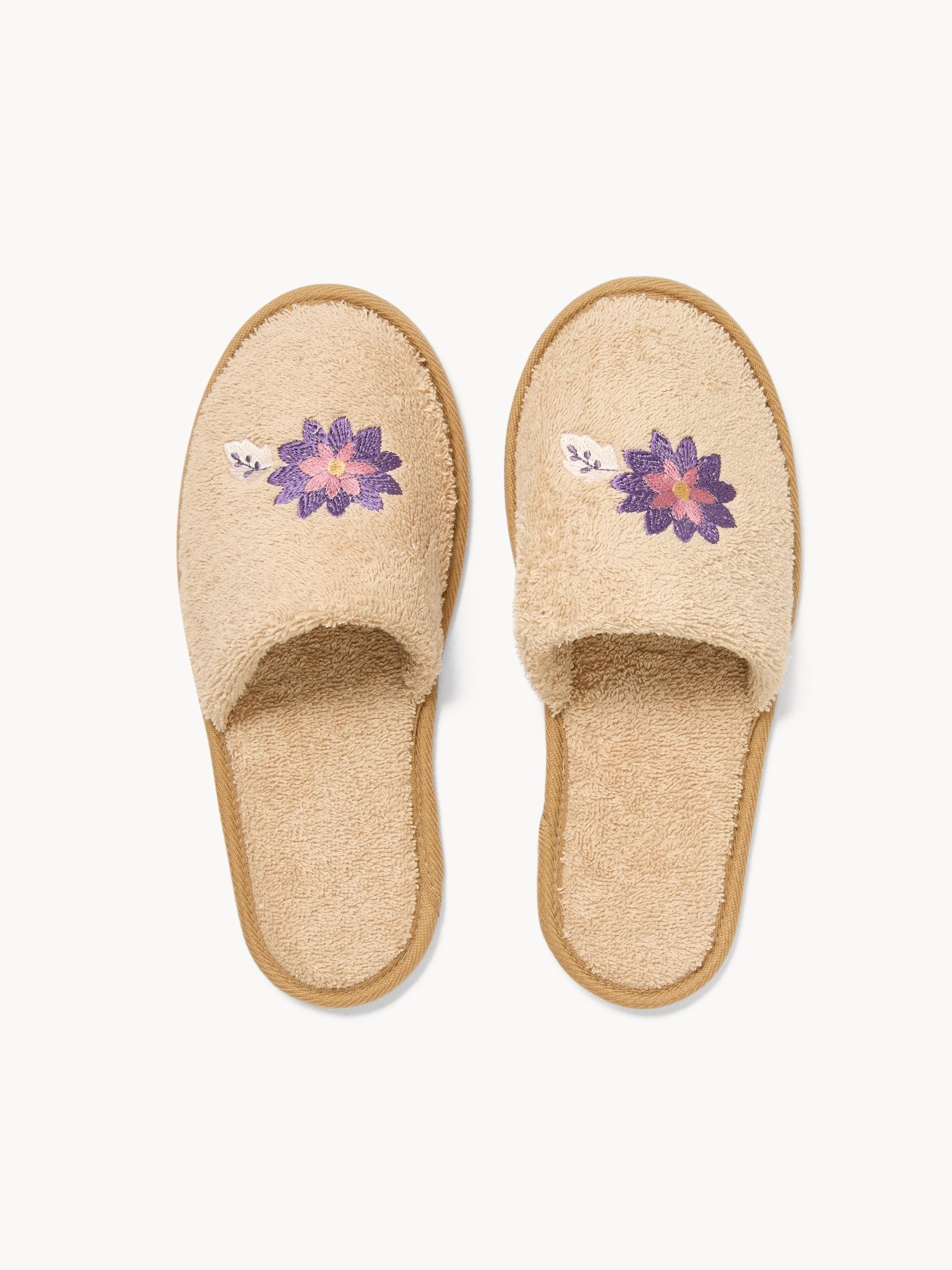 Cotton terry slippers with floral embroidery - Discounted price, Beige, large image number 0