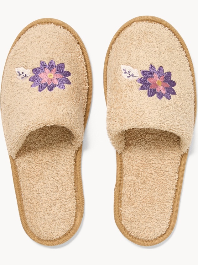 Cotton terry slippers with floral embroidery - Discounted price