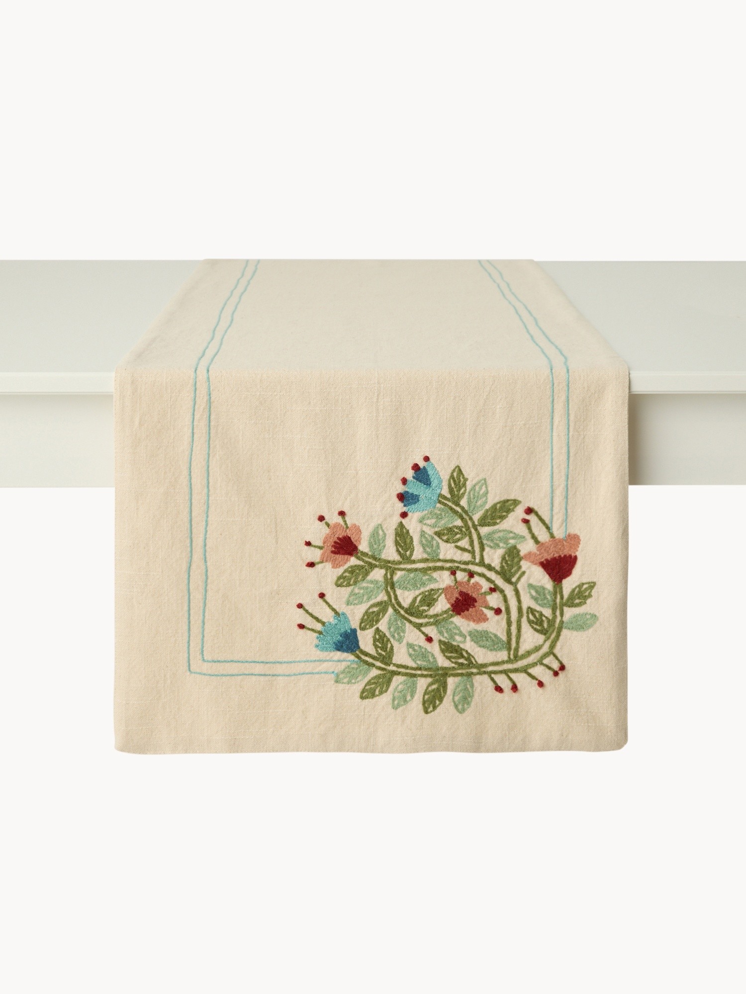 Double-slub cotton table runner with floral embroidery - Discounted Price, Beige, large image number 1