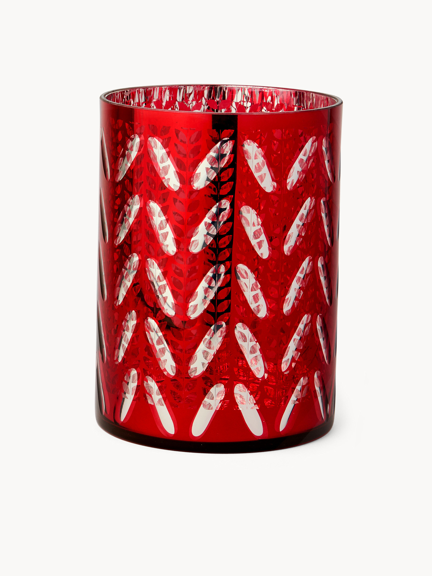 Glass candle holder with leaf decoration, Red, large image number 0