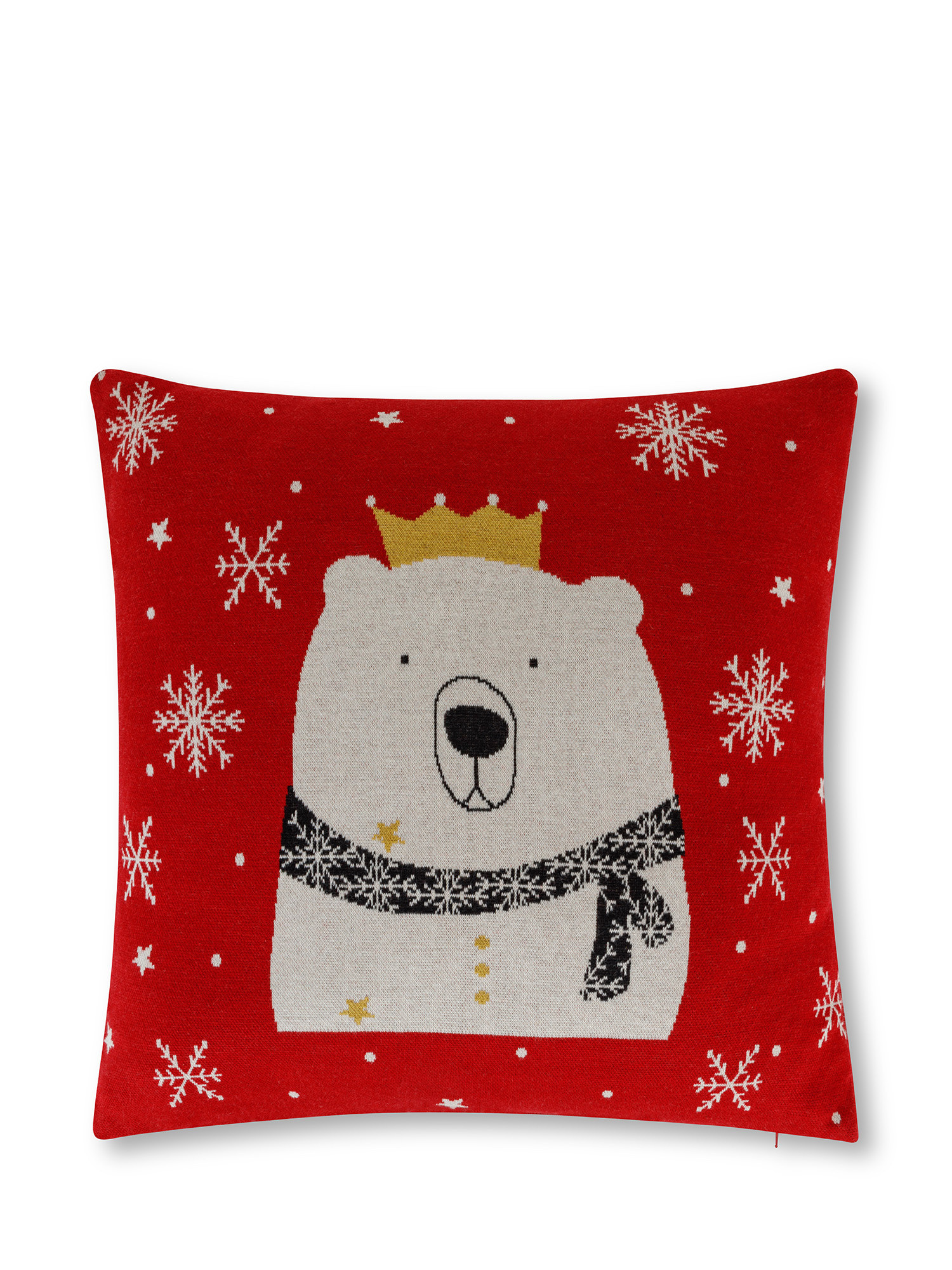 Jacquard knit cushion with bear with crown 45x45 cm, Red, large image number 1