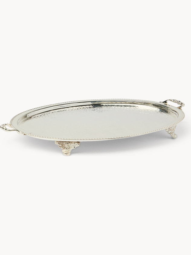 Vassoio ovale in silver plated martellato con piedini