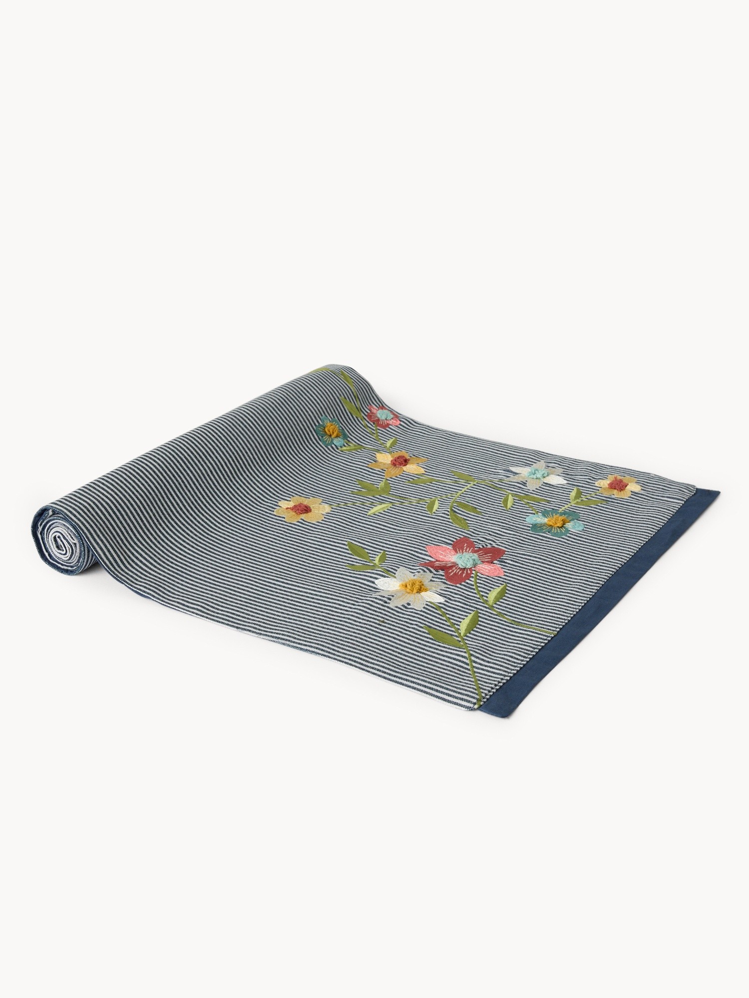 Runner in puro cotone tinto filo con ricamo floreale - Prezzo di lancio, Blu, large image number 0