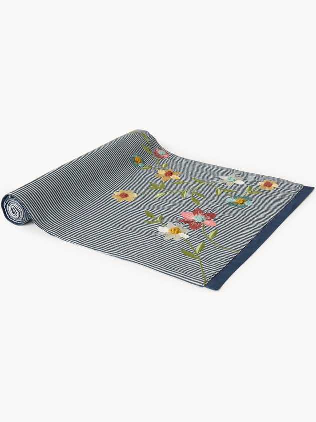 Runner in puro cotone tinto filo con ricamo floreale - Prezzo di lancio