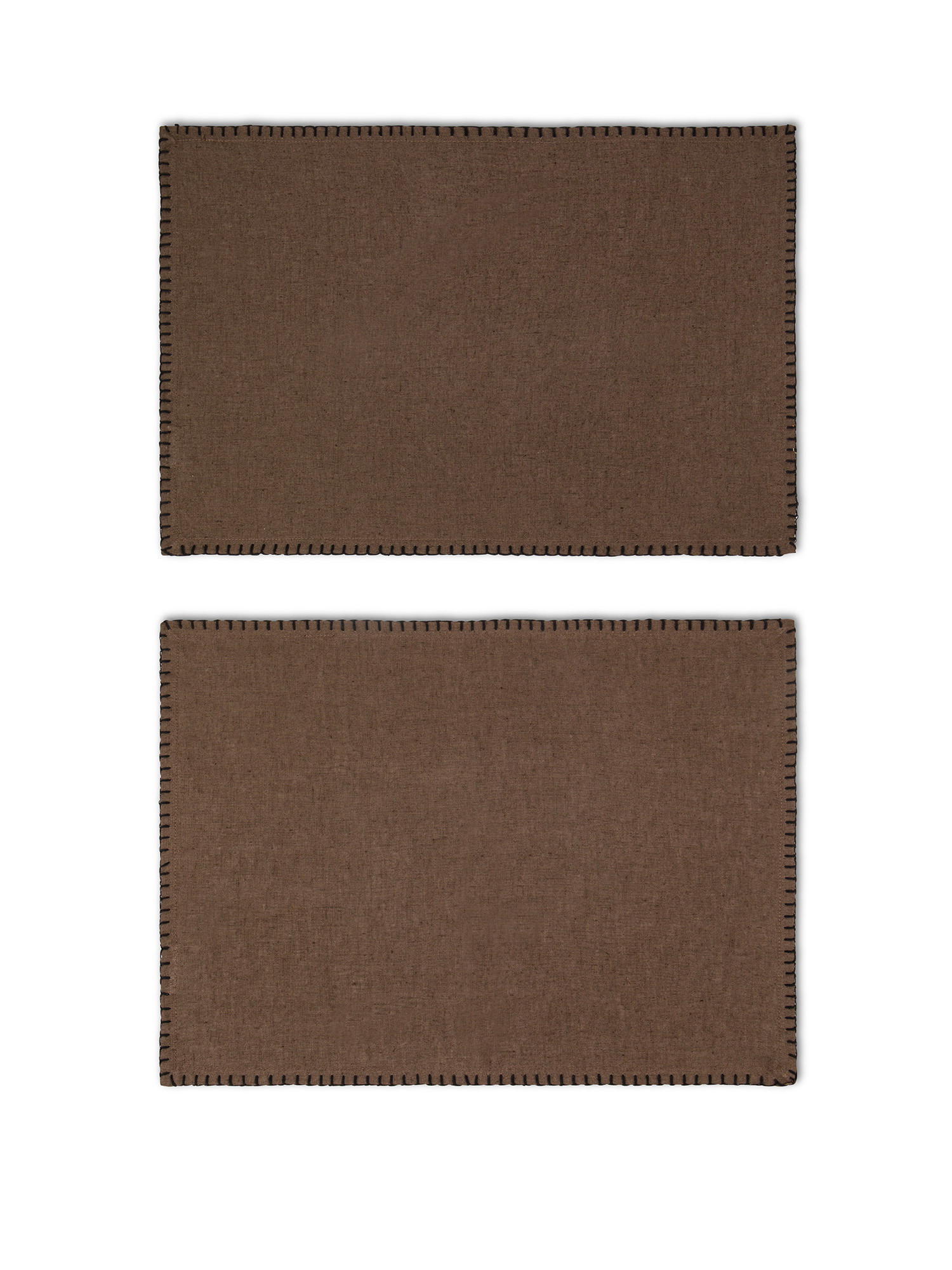 Set of 2 pure linen placemats with stitching on the edge, Brown, large image number 0