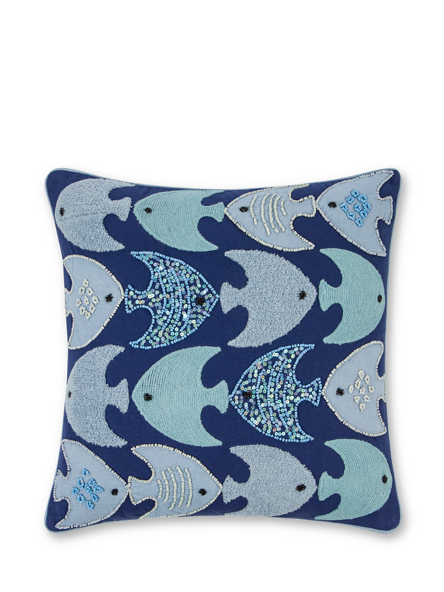 Cuscino ricamato con motivo pesci e perline 45x45cm, Azzurro, large image number 0