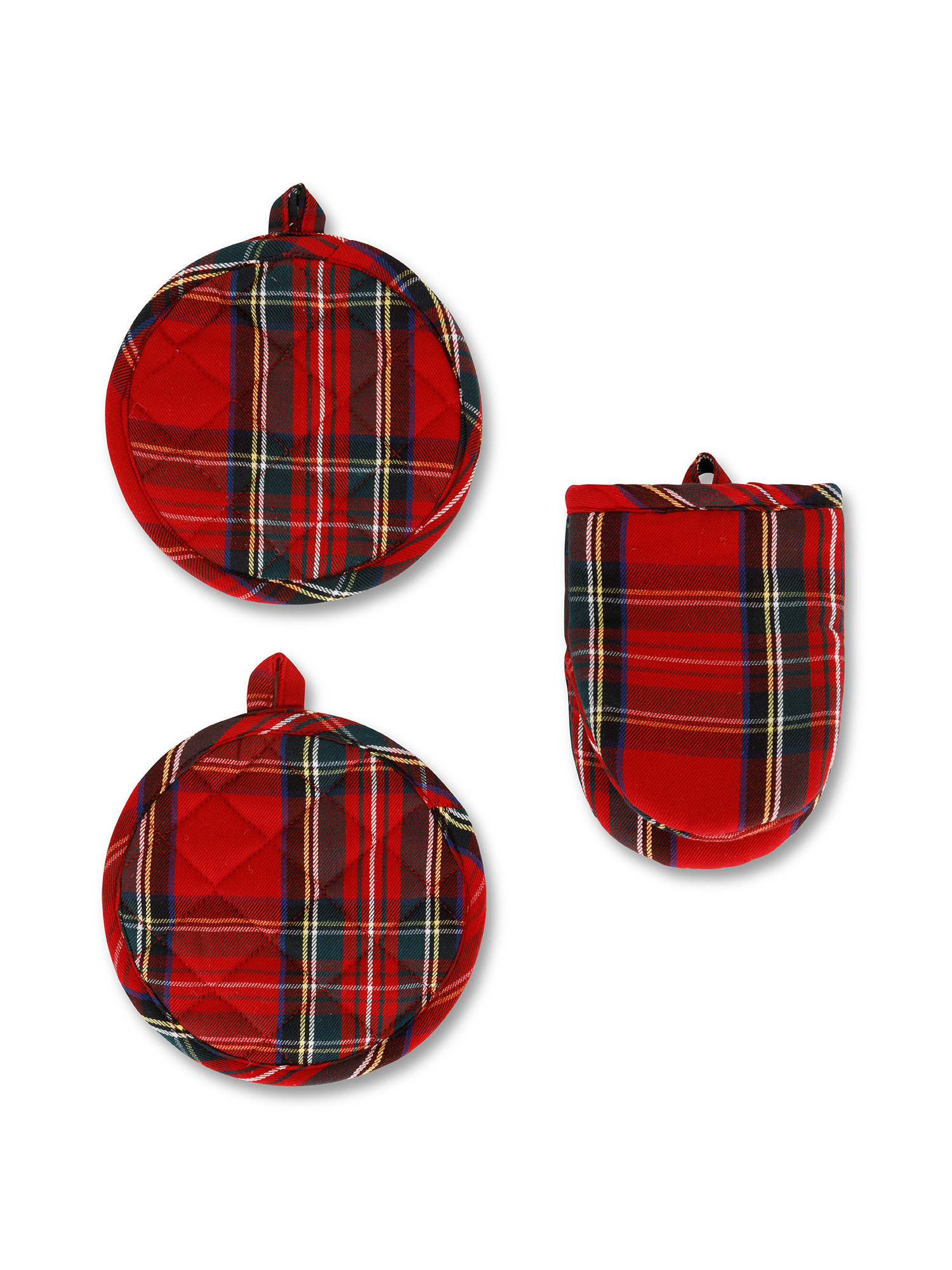Set of 2 pot holders and kitchen mitt in tartan cotton twill, Red, large image number 0