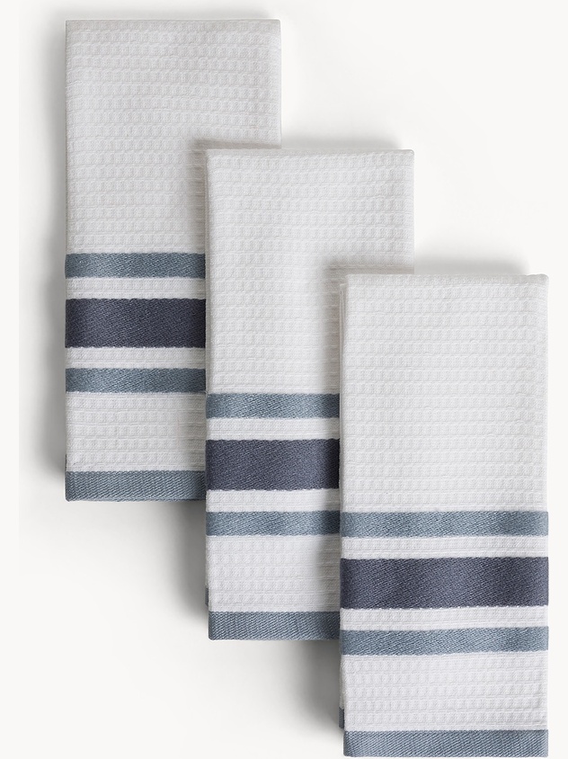 Set of 3 Pure Cotton Yarn-Dyed Tea Towels with a Honeycomb Weave - Discounted Price