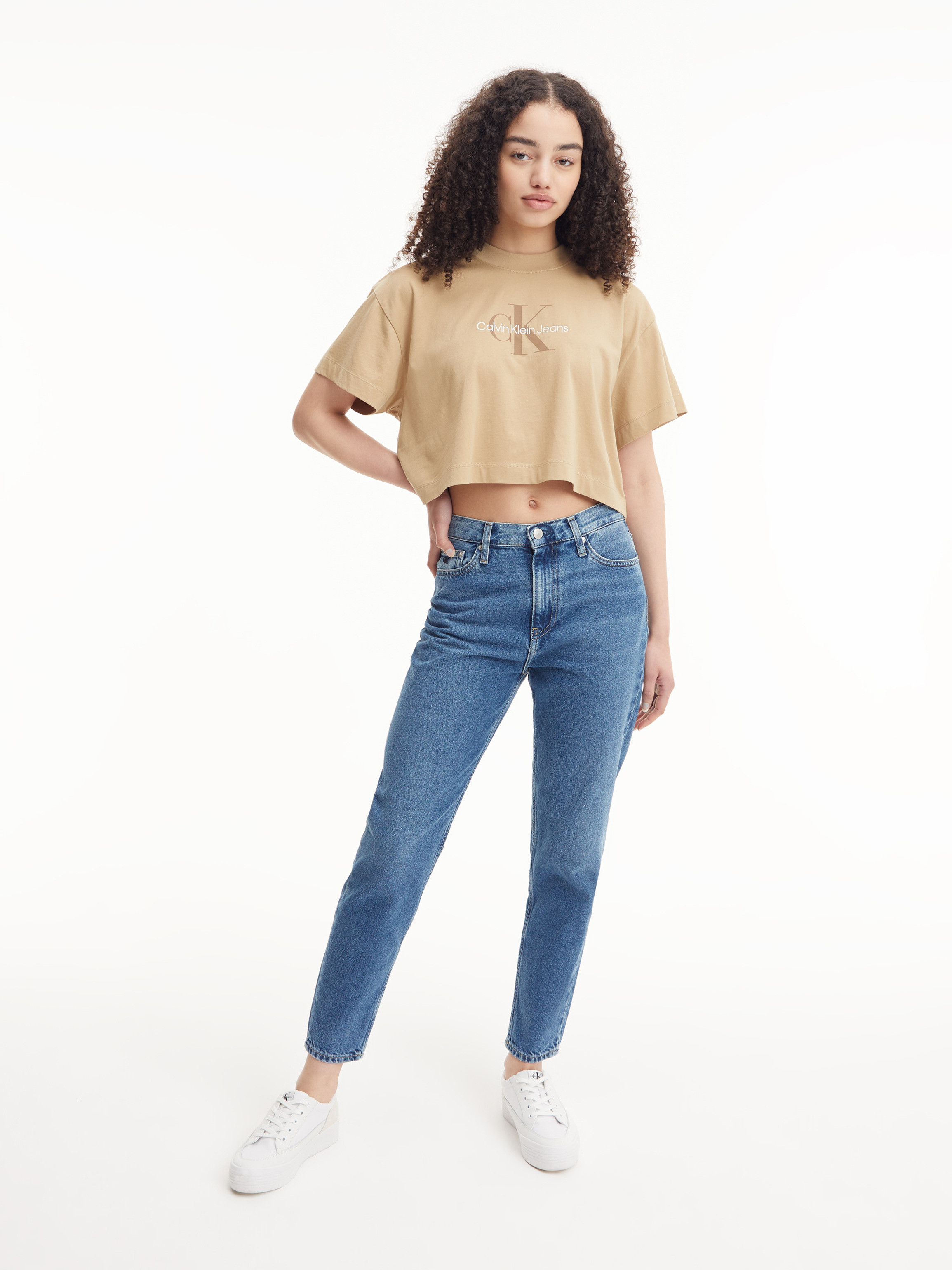 Calvin Klein Jeans - T-shirt crop in cotone con logo, Beige, large image number 3