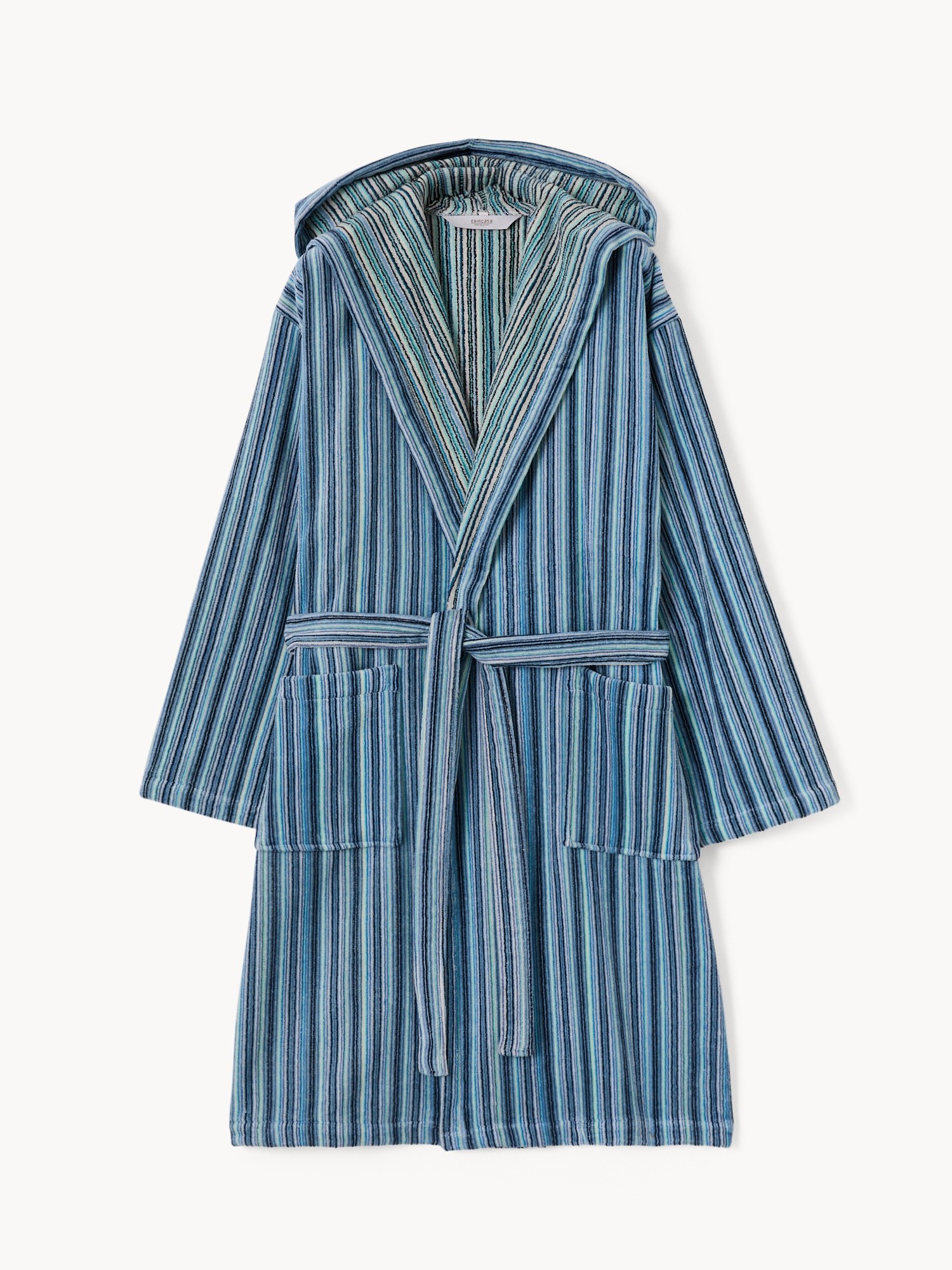 Pure cotton velour bathrobe with striped jacquard weave - Discounted price, Blue, large image number 0