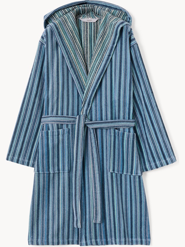 Pure cotton velour bathrobe with striped jacquard weave - Discounted price