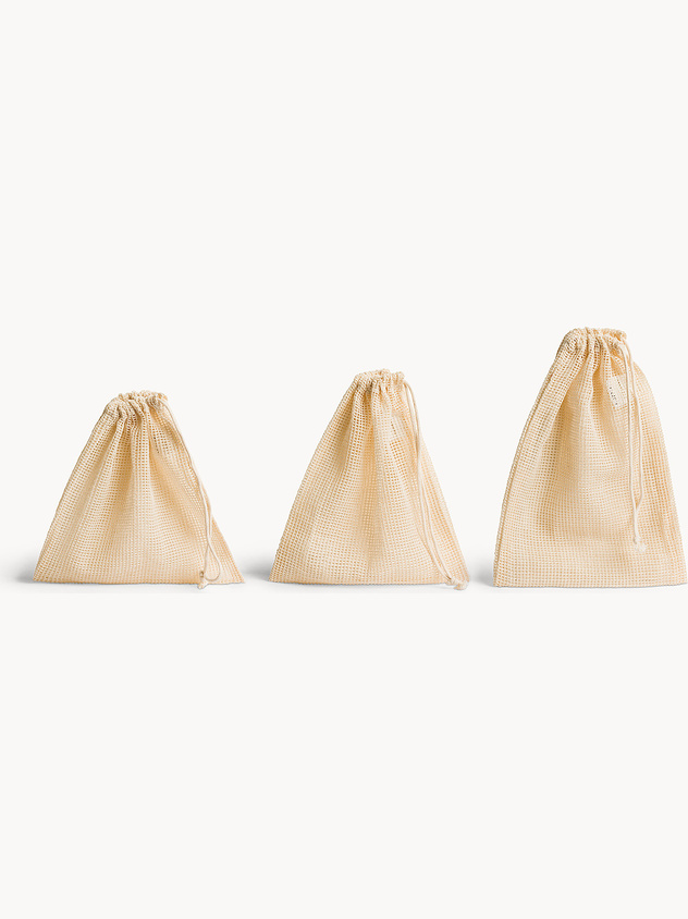 Set 3 sacchetti a rete in puro cotone con laccio regolabili