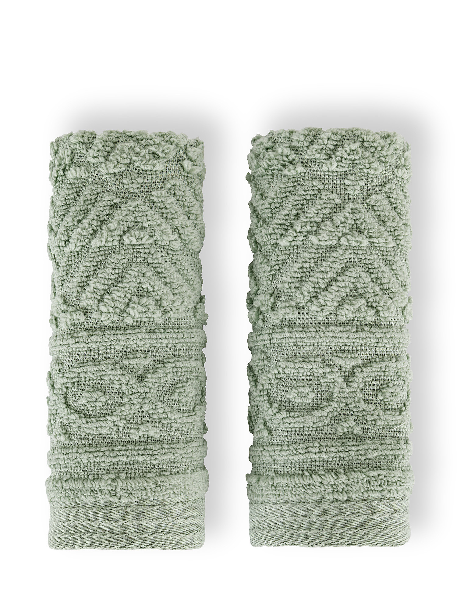 Set of 2 cotton terry washcloths with geometric pattern, Sage Green, large image number 0