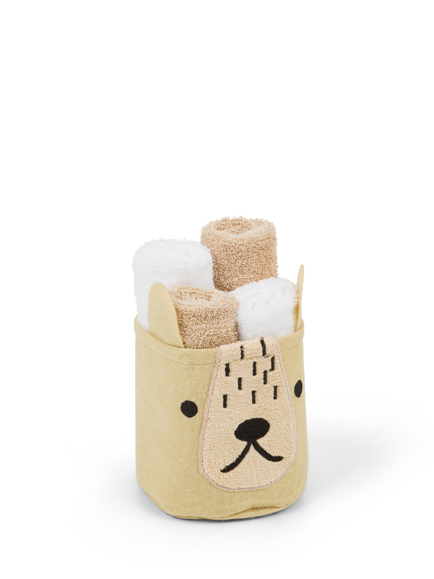 Cestino 4 lavette cotone ricamo cane, Beige, large image number 0