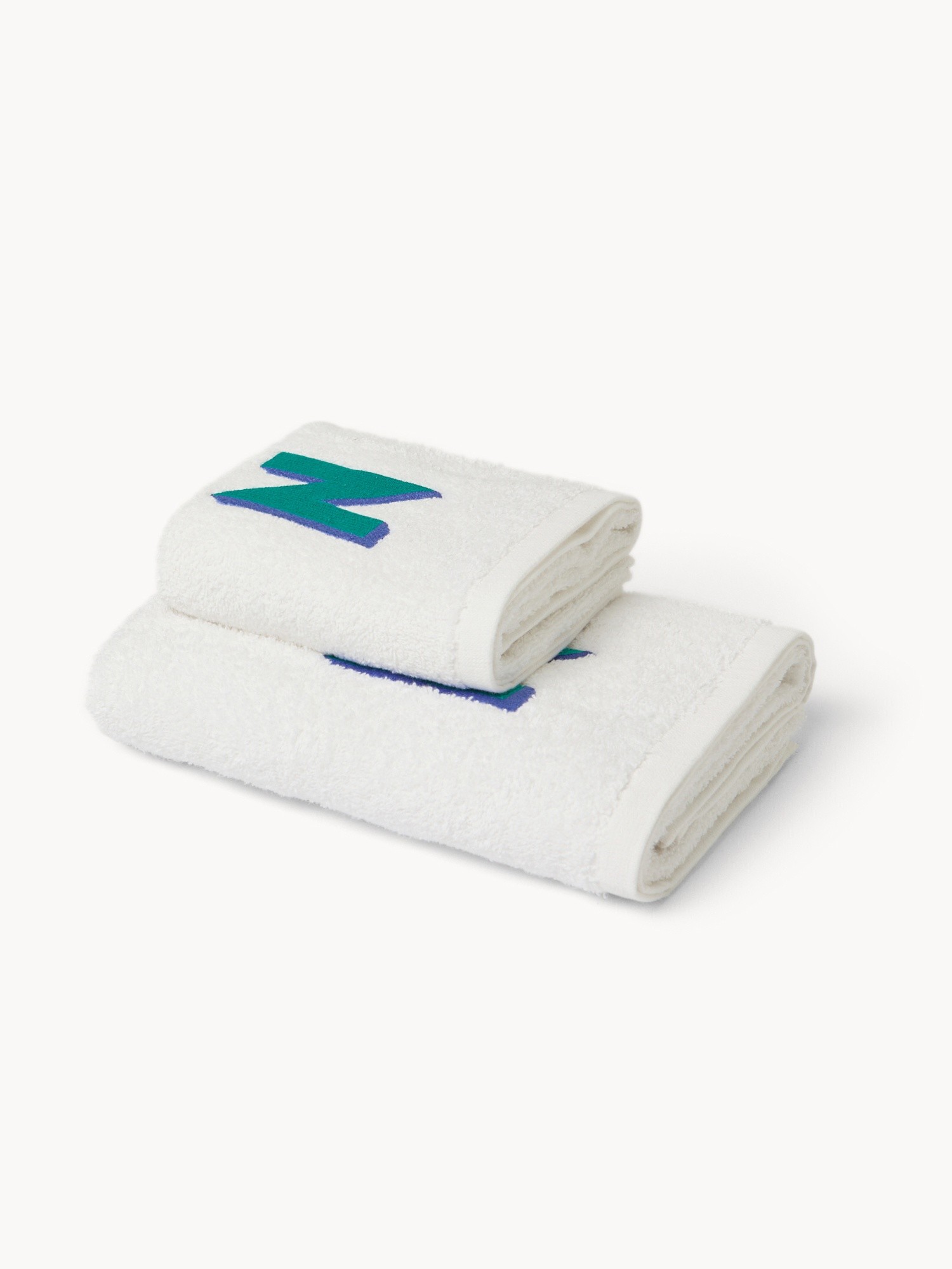 Set 2 asciugamani in spugna di cotone ricamo lettera N, Bianco, large image number 0