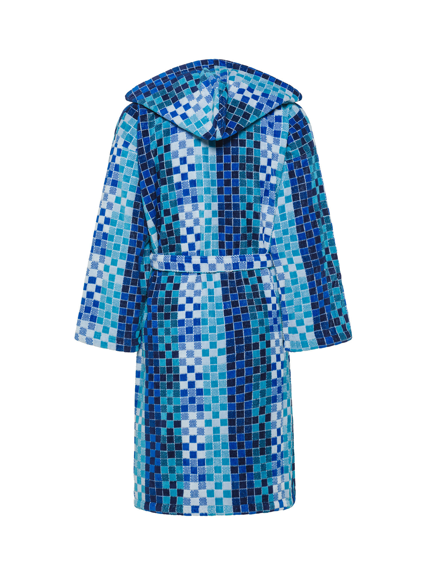 Mosaic effect cotton velour bathrobe, Blue, large image number 1