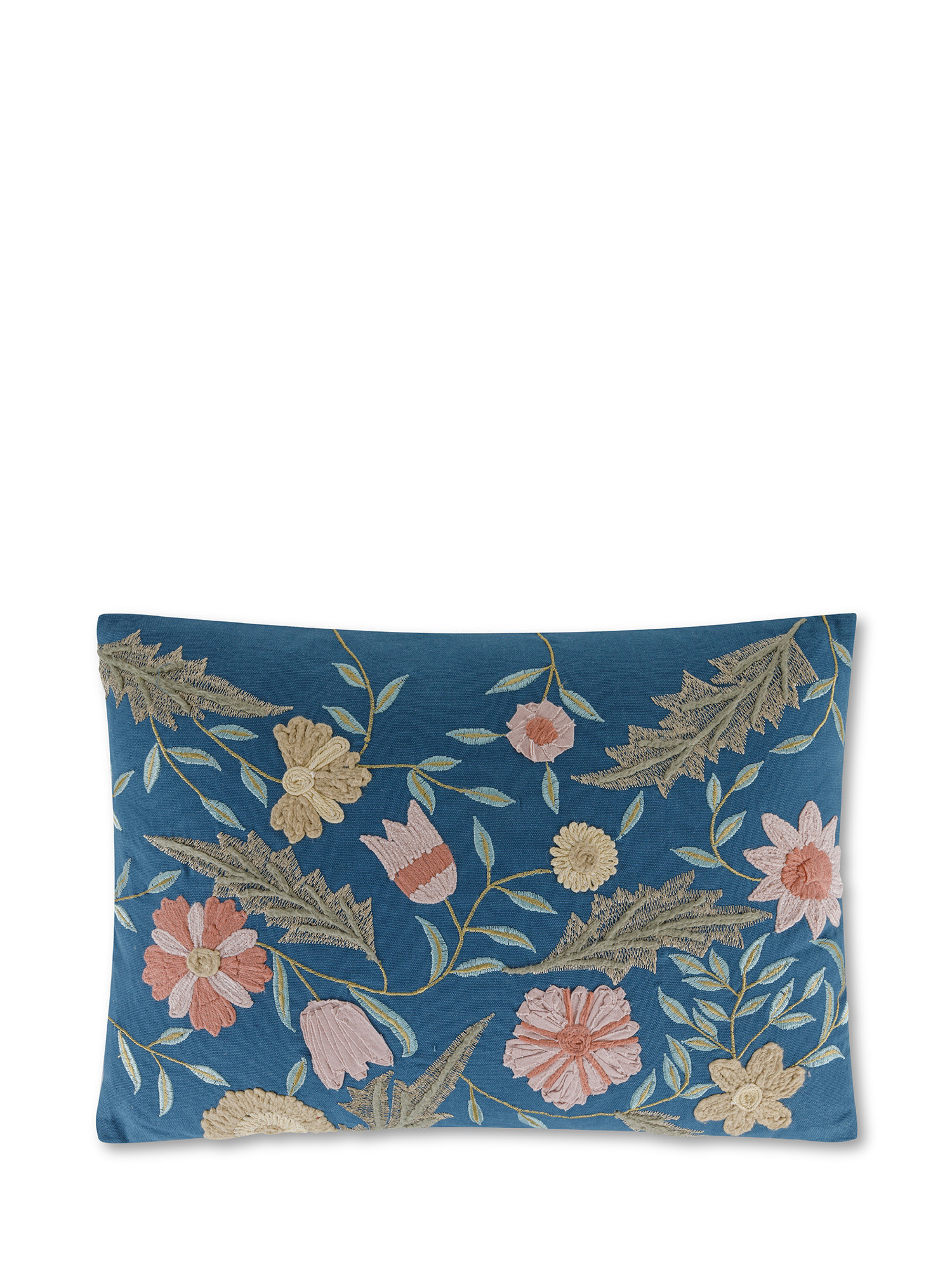 Fabric cushion embroidered with flowers 35x50 cm, Blue Dark, large image number 0
