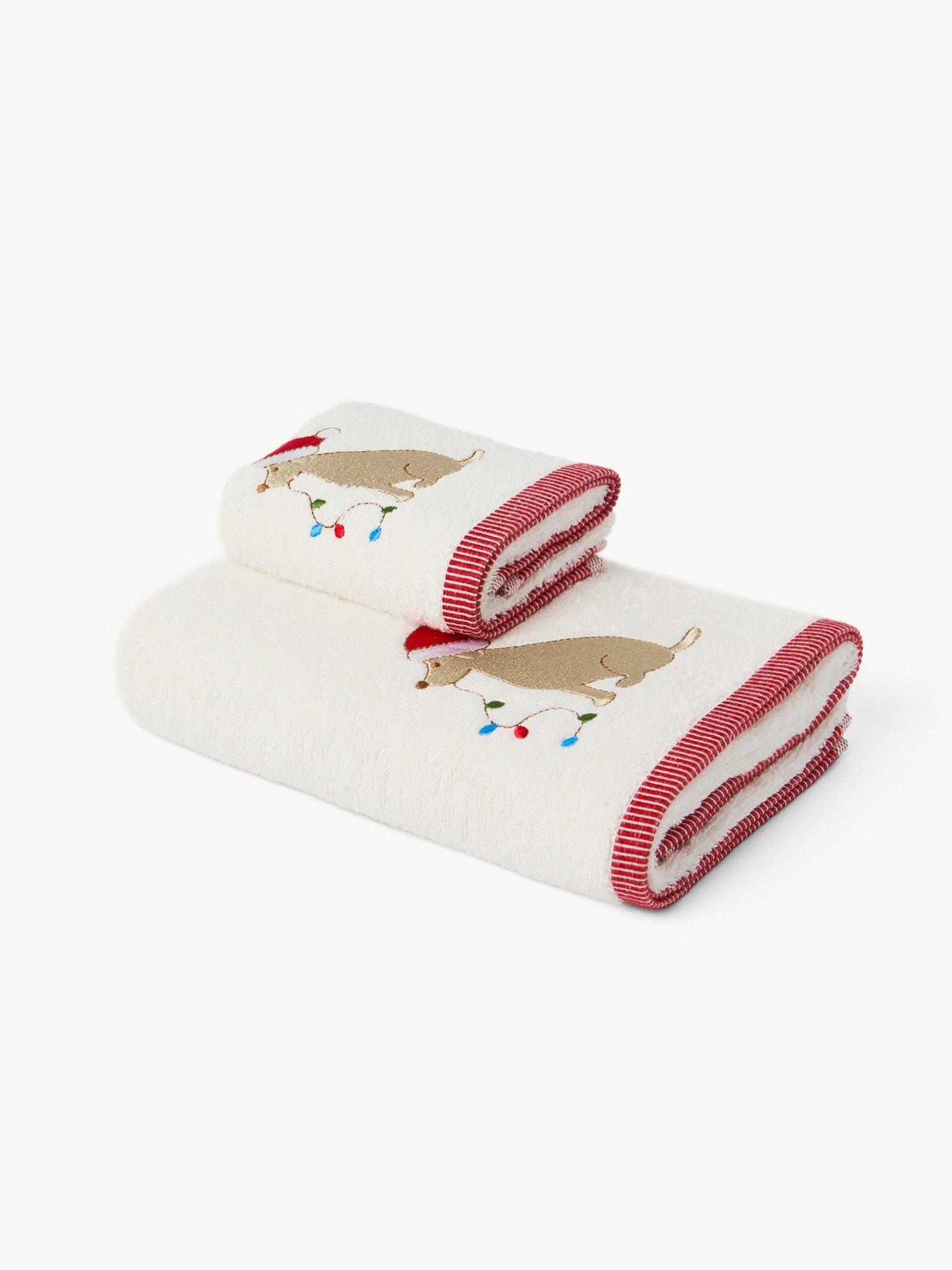 Set 2 asciugamani in spugna di cotone cagnolino ricamato, Bianco, large image number 0