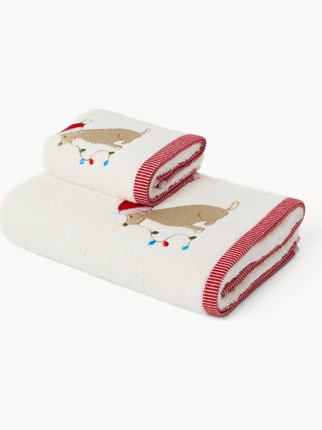 Set 2 asciugamani in spugna di cotone cagnolino ricamato
