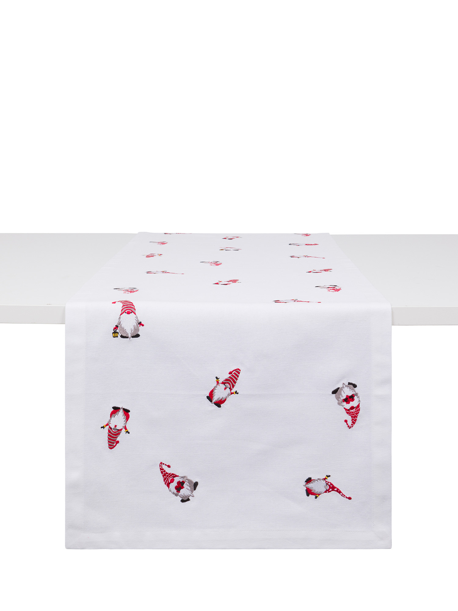 Cotton runner with gnomes embroidery, White, large image number 0