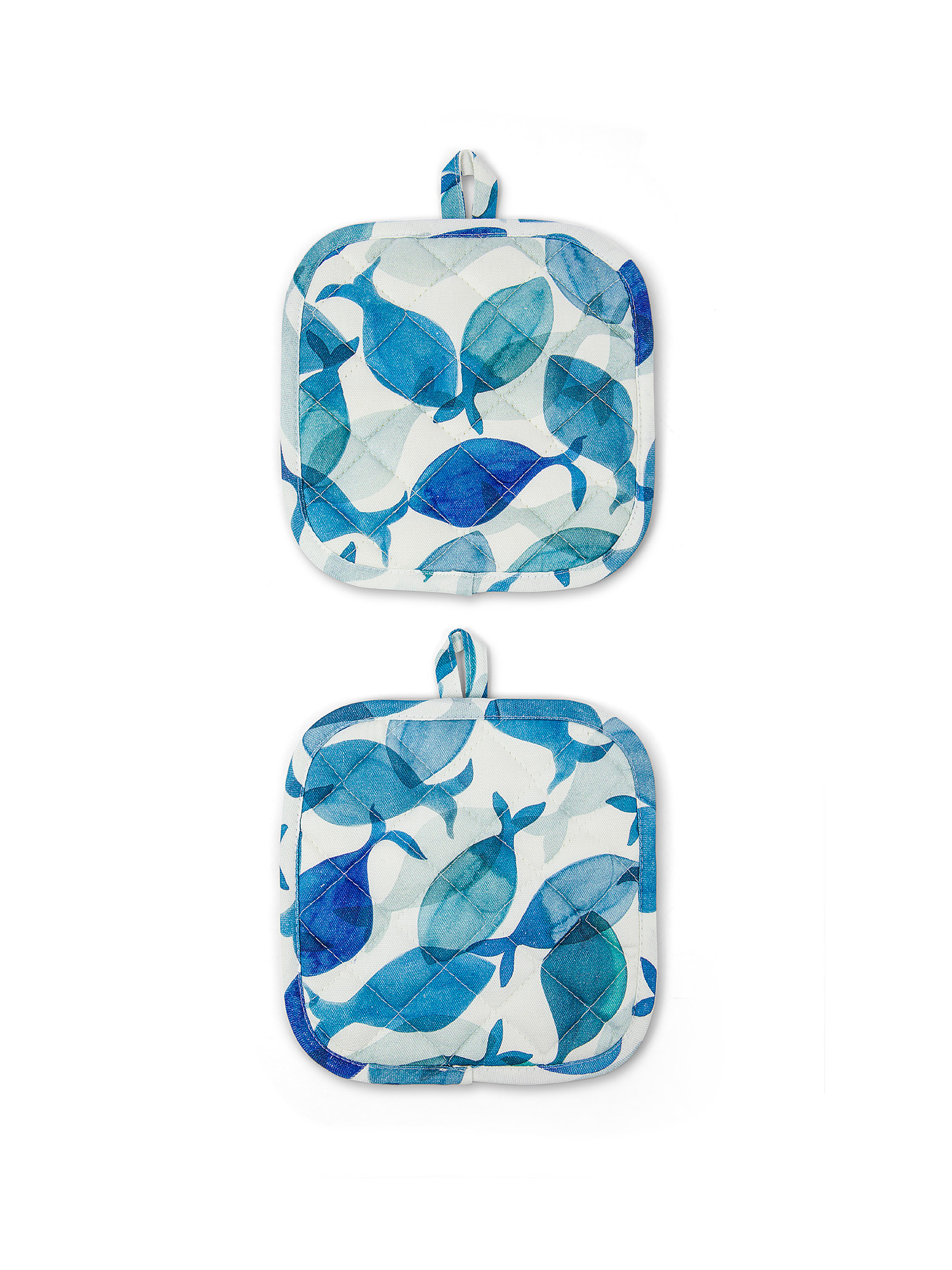Set of 2 fish print cotton pot holders, Blue, large image number 0