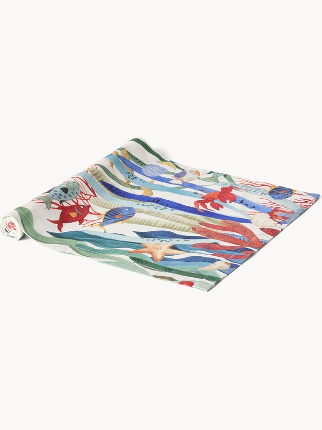 Runner in panama di cotone con stampa fondale marino