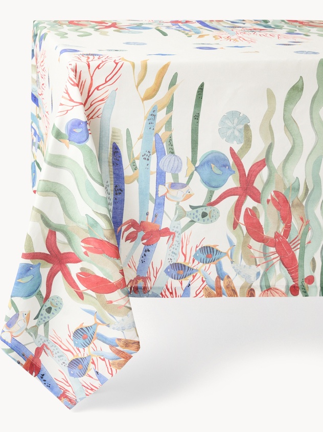 Tovaglia in twill di cotone con stampa fondale marino