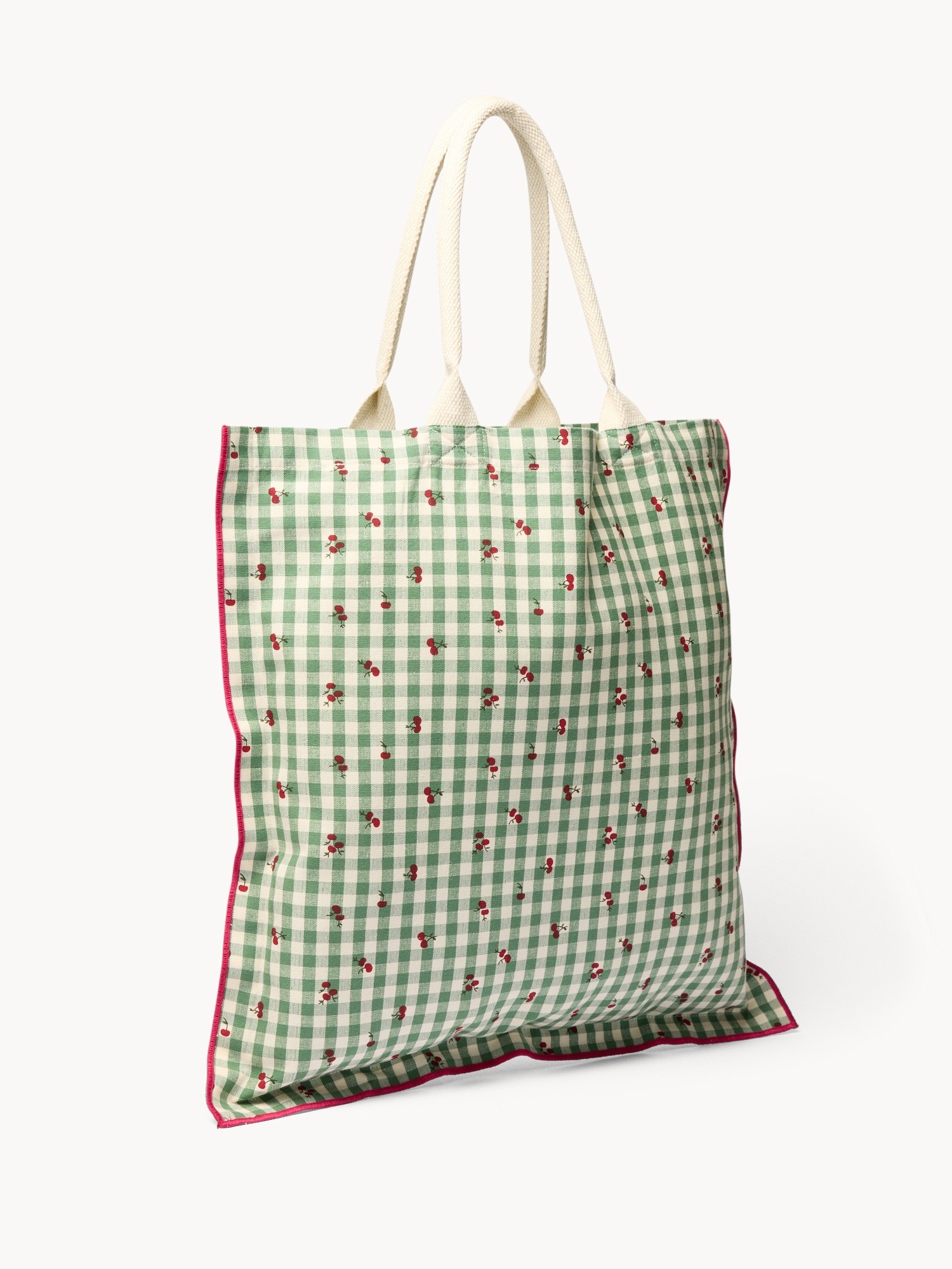 Shopper in puro cotone vichy con stampa ciliegie - Prezzo di lancio, Verde, large image number 1