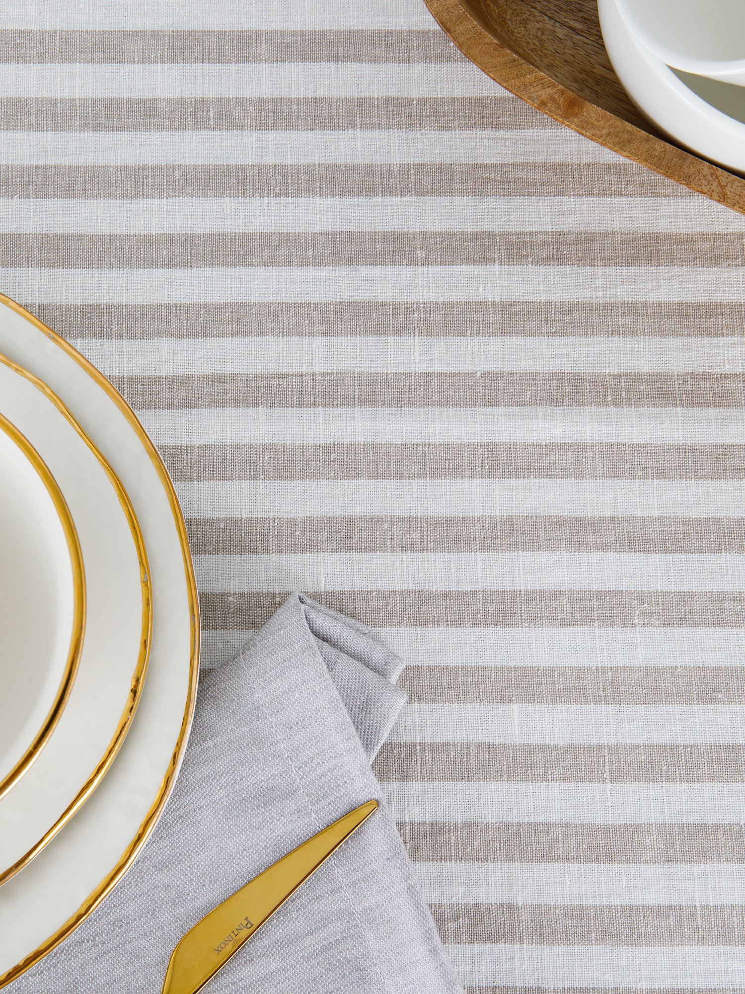 Striped cotton and linen tablecloth, Beige, large image number 2