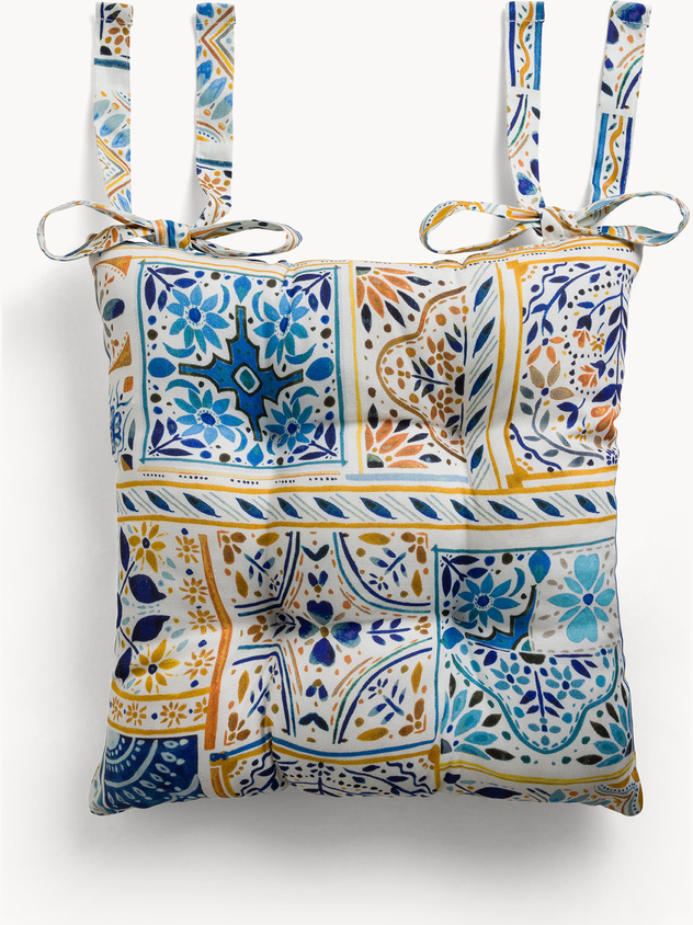 Chair cushion in pure cotton panama with majolica print