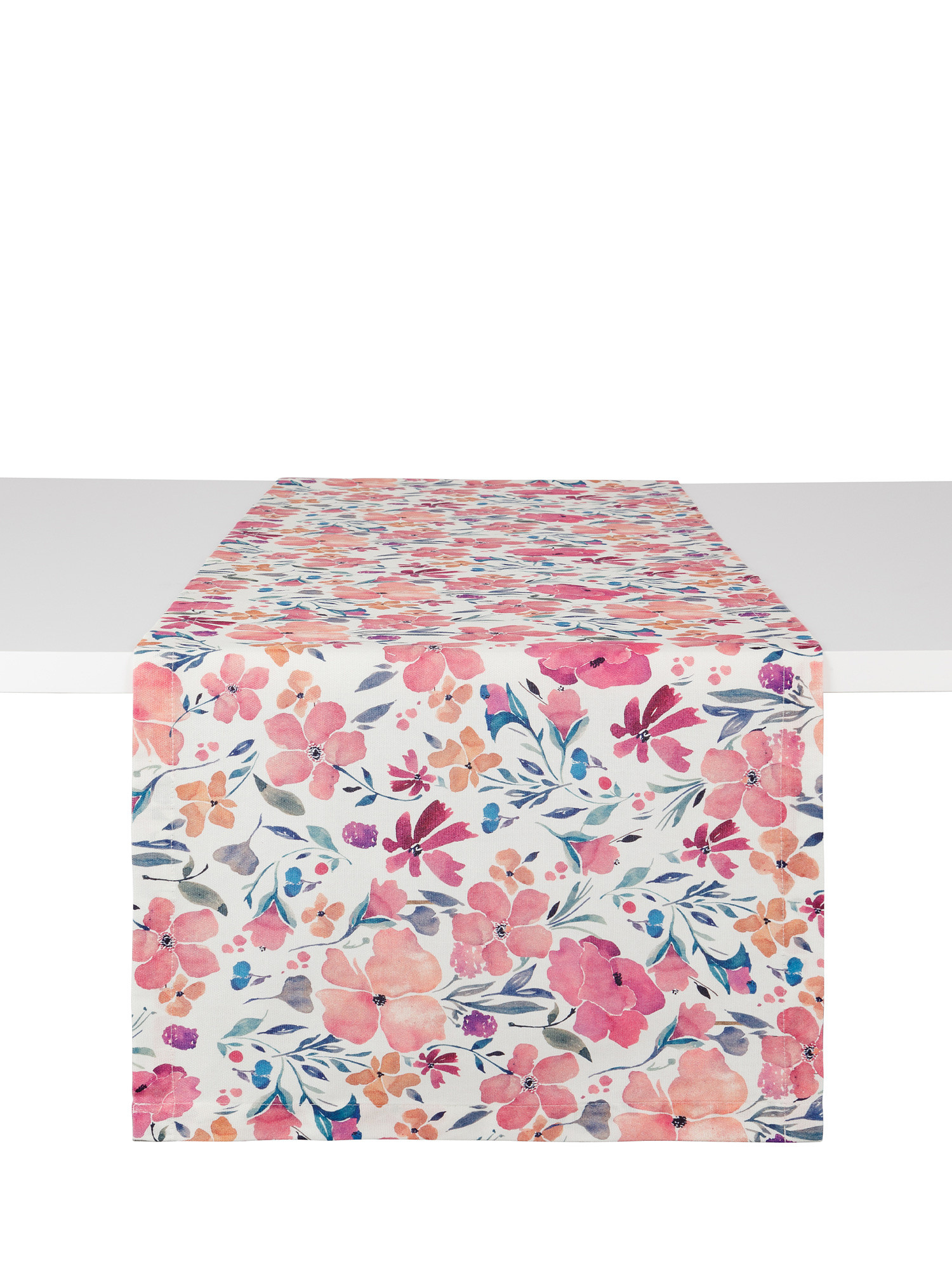 Runner puro cotone stampa fiori patchwork, Rosa, large image number 0