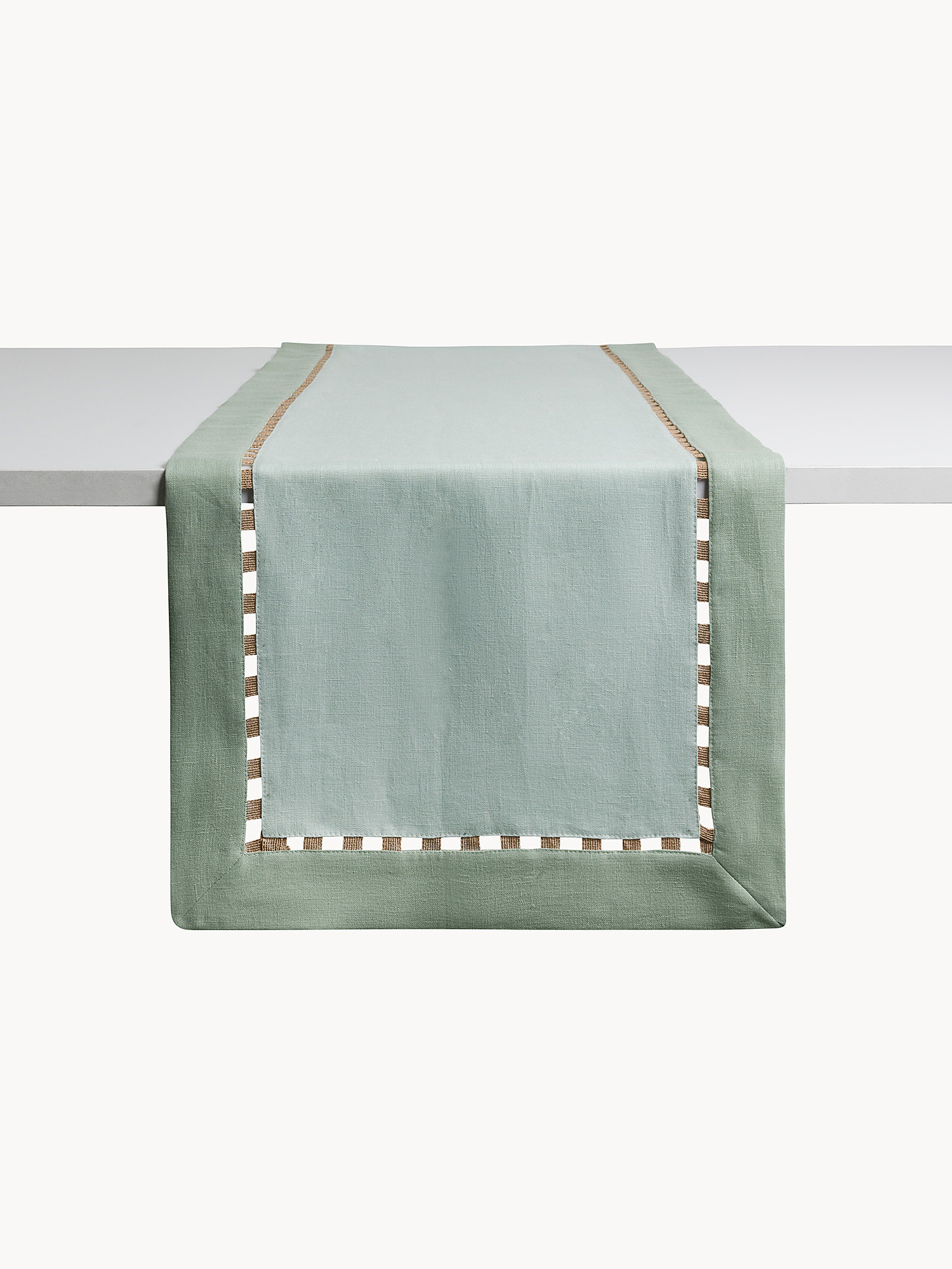 Pure linen runner embellished with refined lace, Light Green, large image number 0