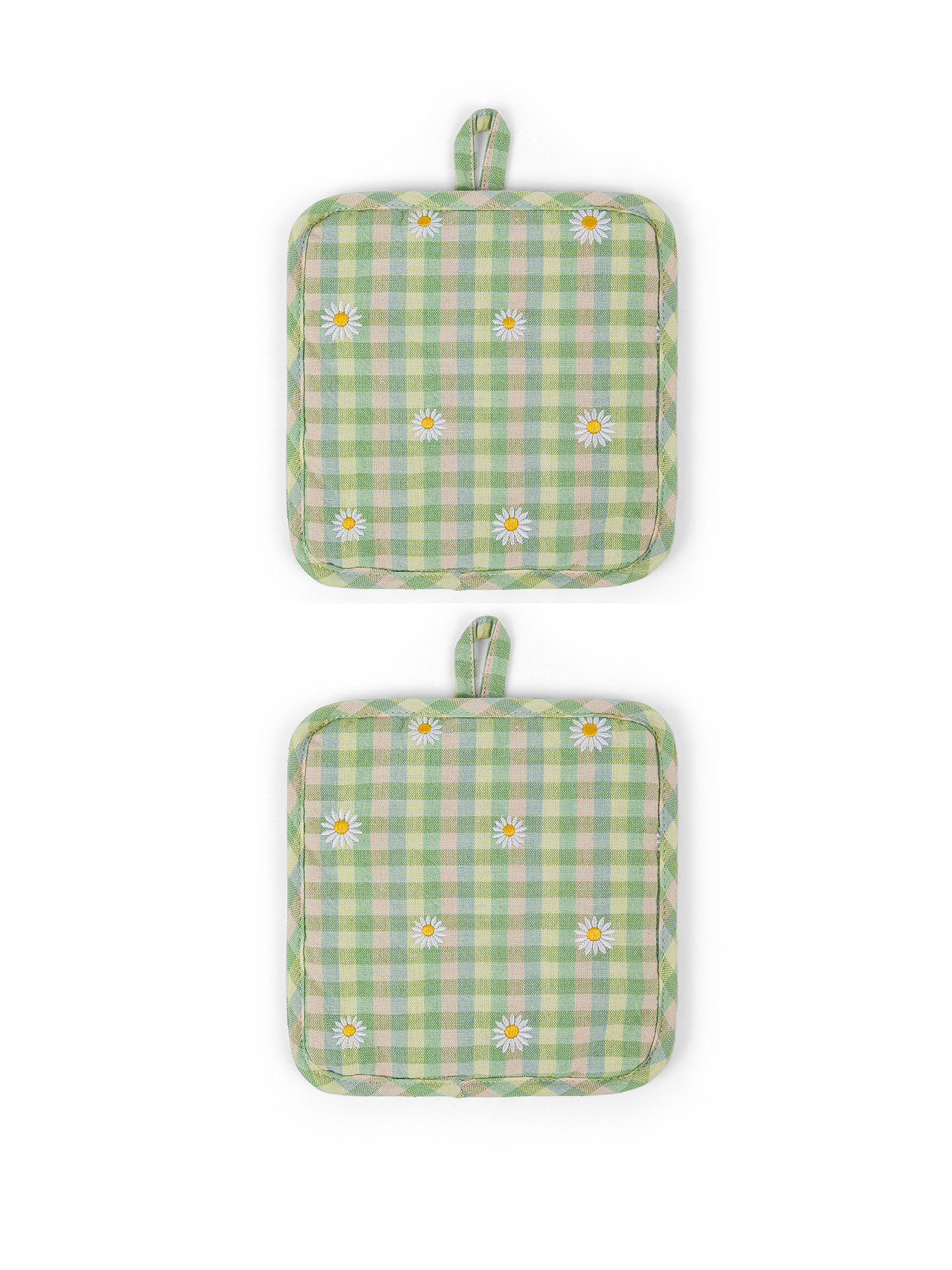 Set of 2 pot holders in 100% cotton with gingham motif and daisies embroidery, Green, large image number 0