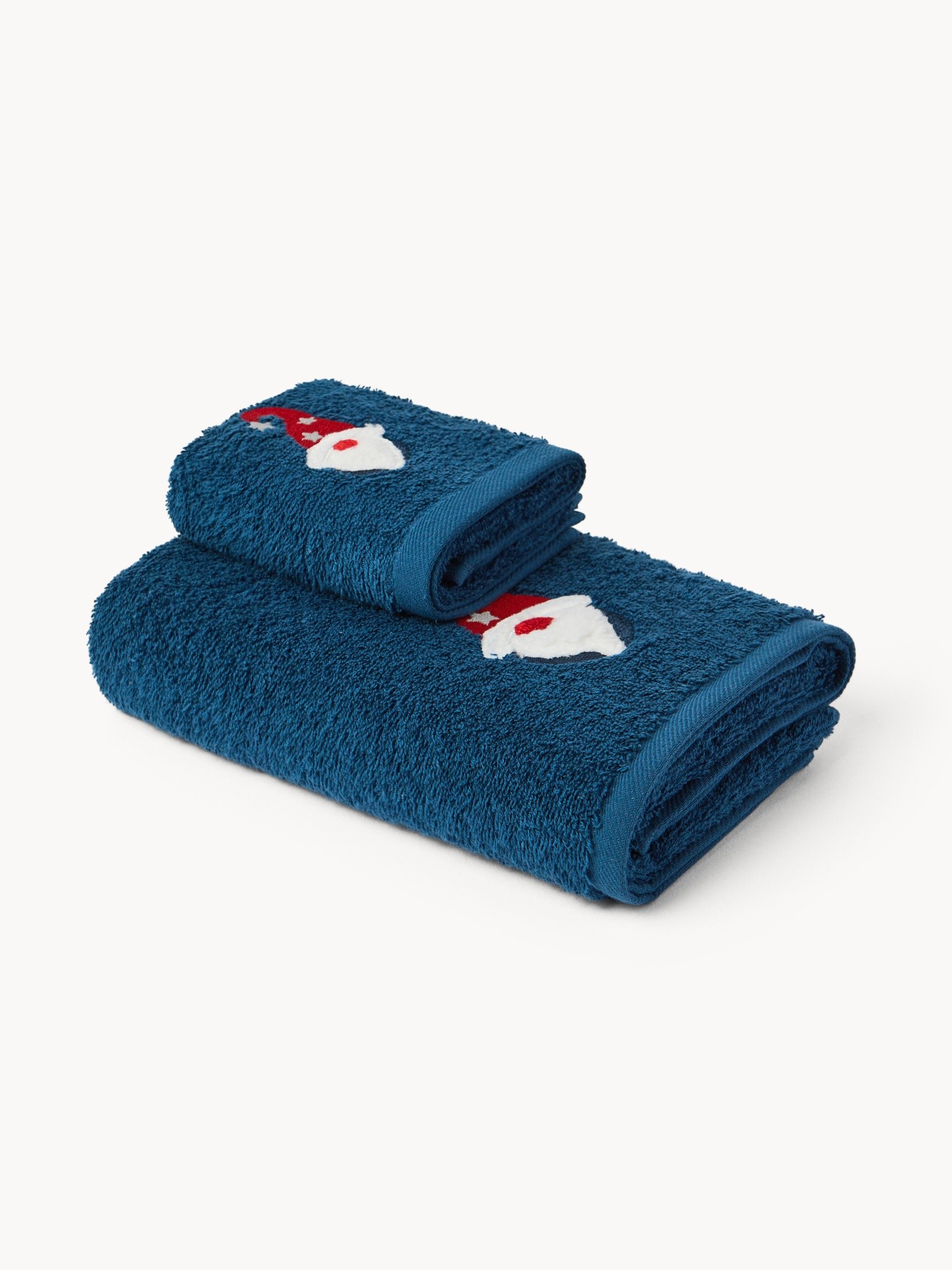 Set 2 asciugamani in spugna di cotone con ricamo gnomo natalizio, Blu, large image number 0