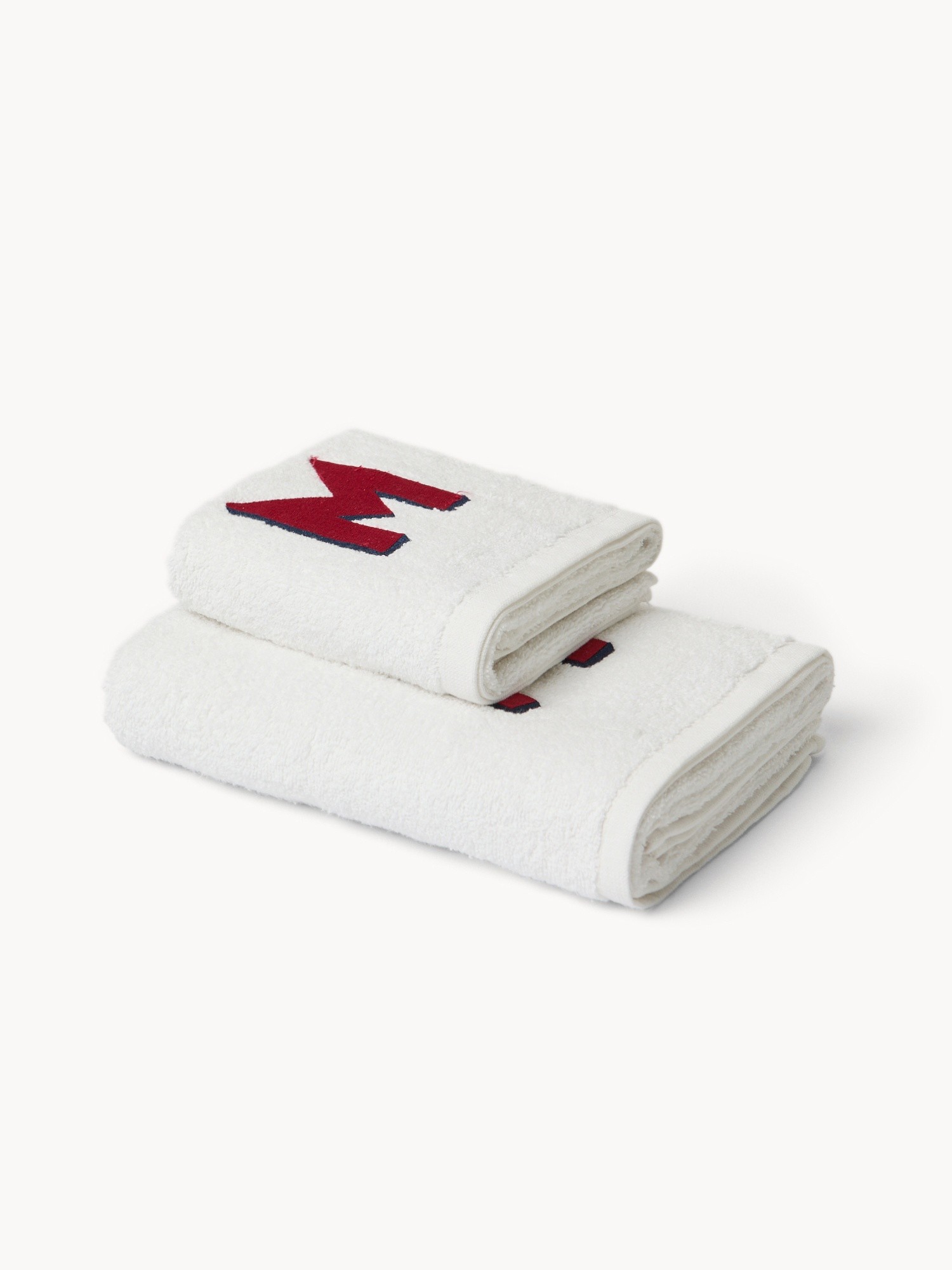 Set 2 asciugamani in spugna di cotone ricamo lettera M, Bianco, large image number 0