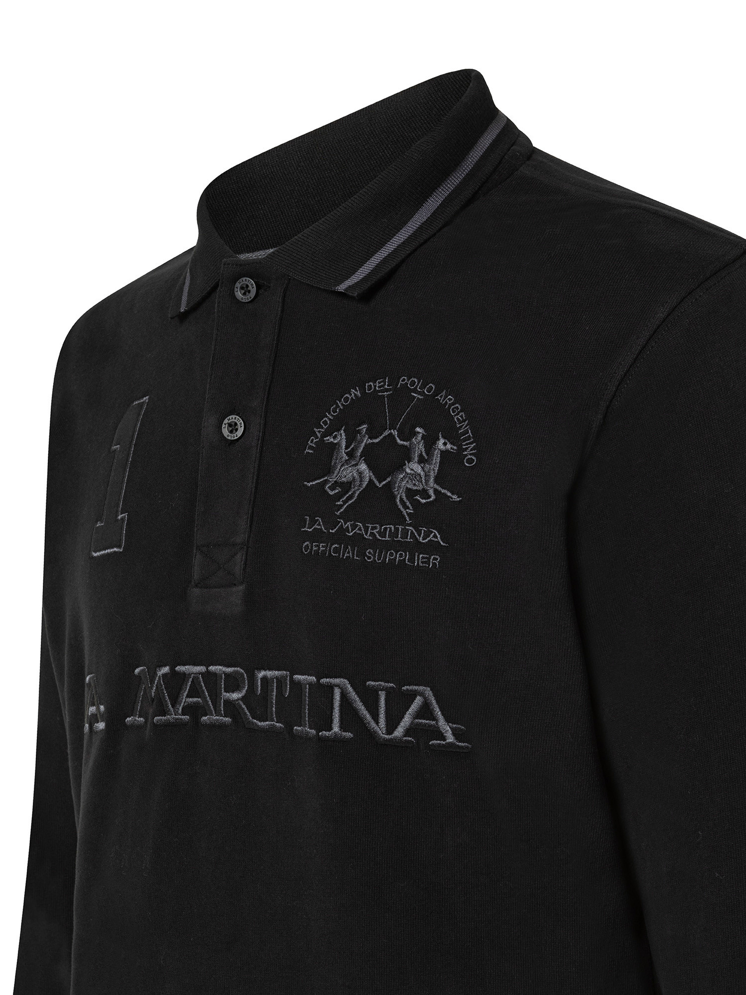 Polo a maniche lunghe in puro cotone regular fit, Nero, large image number 2