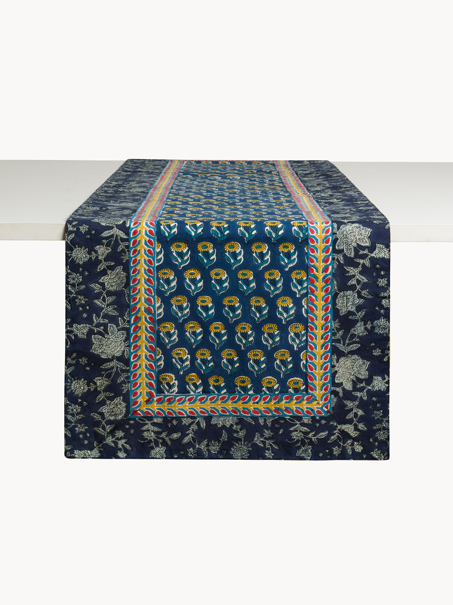 Pure cotton runner block print placed, Blue, large image number 1