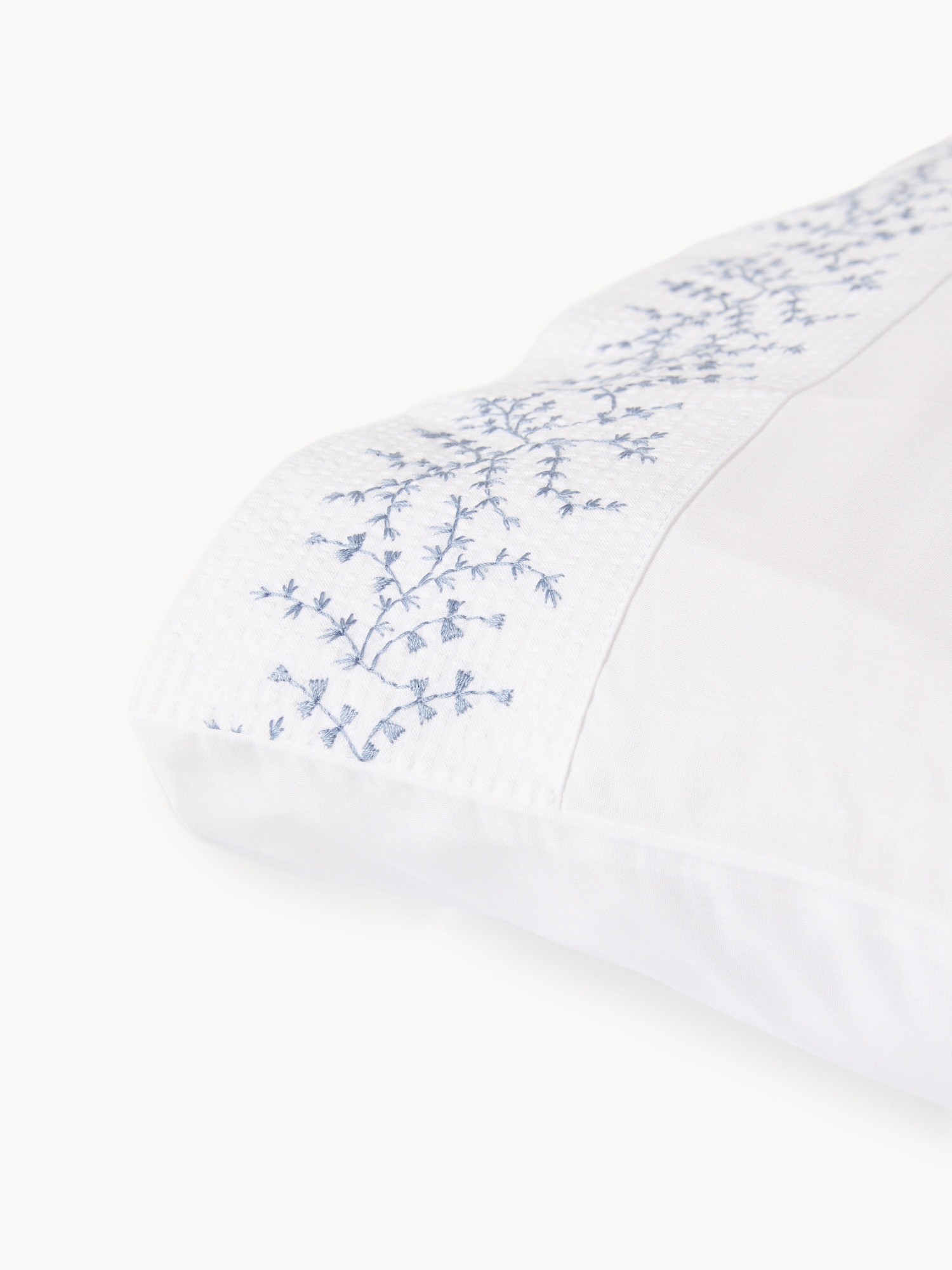 Floral embroidered cotton pillowcase, White / Blue, large image number 1