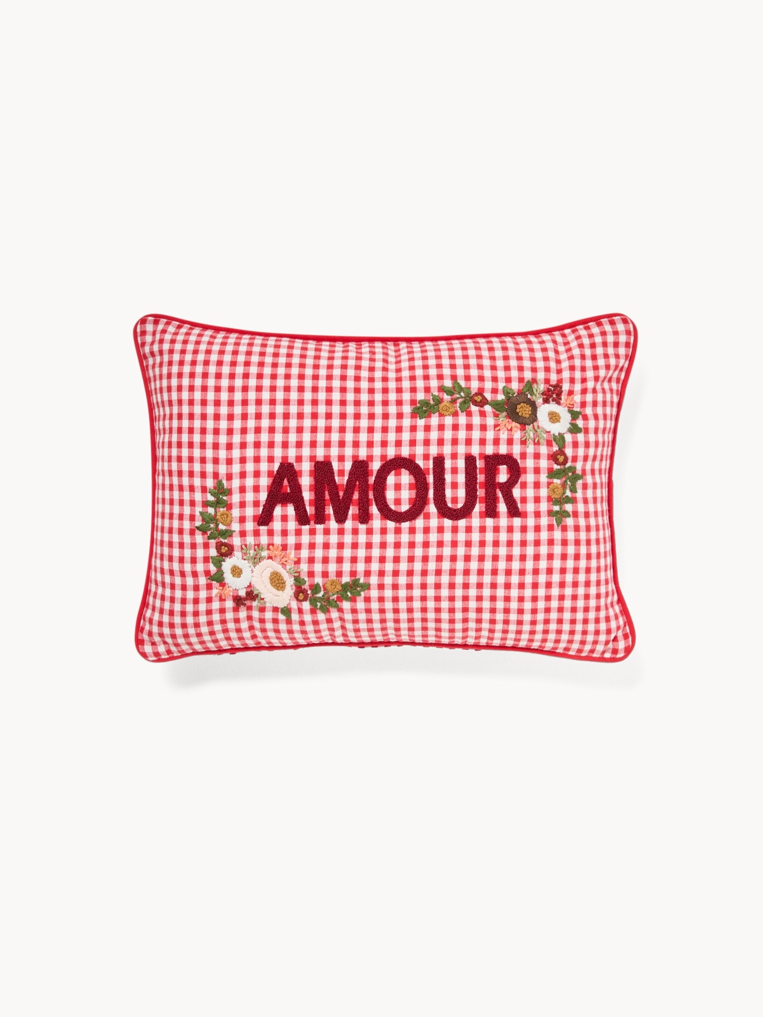 Cotton gingham cushion with Love embroidery, 35x50cm - Discounted Price, Red, large image number 0