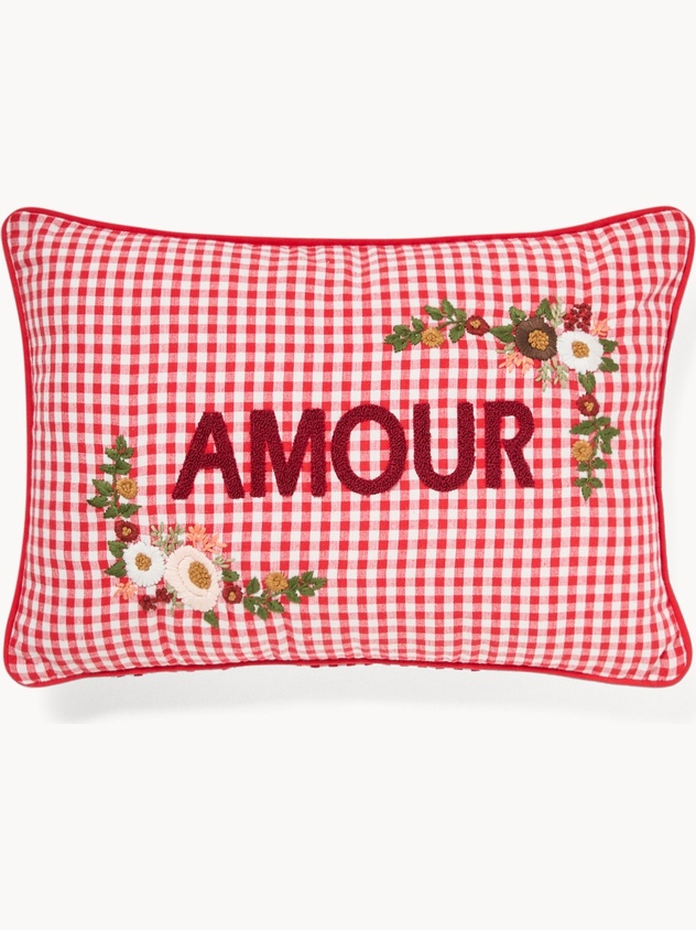 Cotton gingham cushion with Love embroidery, 35x50cm - Discounted Price