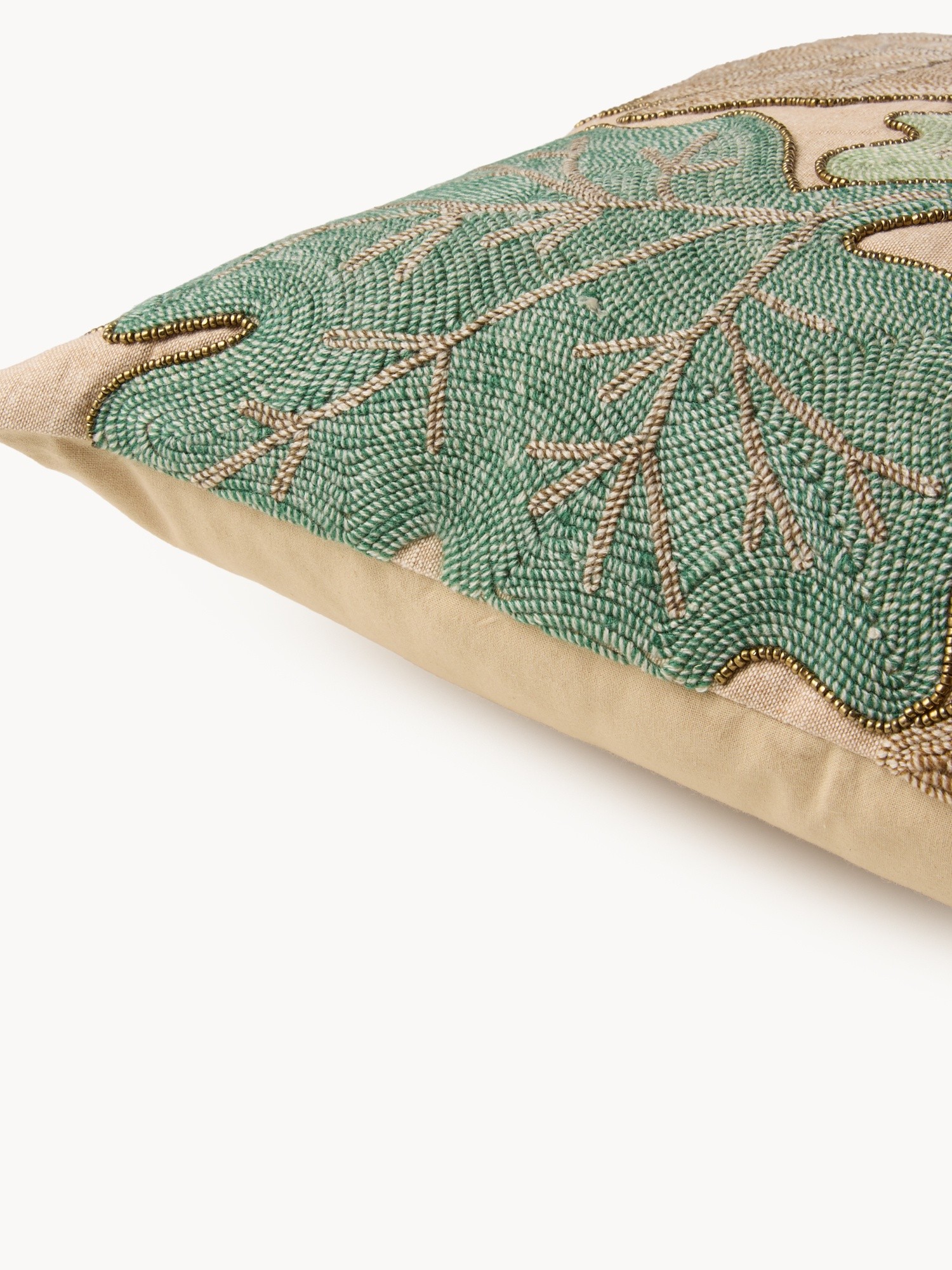 Pillow with leaf and bead embroidery 45x45cm, Verde/Naturale, large image number 2